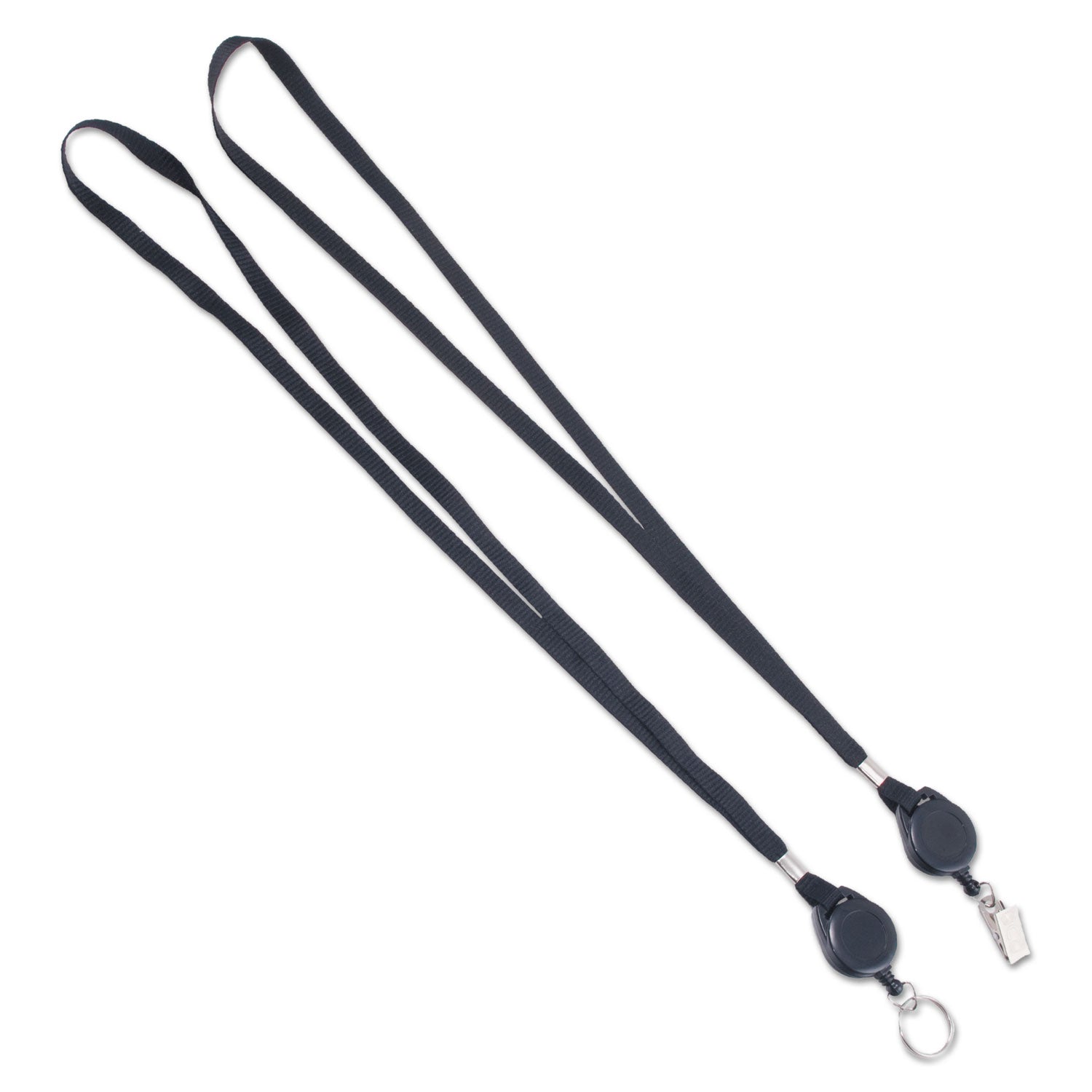 Lanyards with Retractable ID Reels, Metal Split Ring Fastener, 34" Long, Black, 12/Pack - 