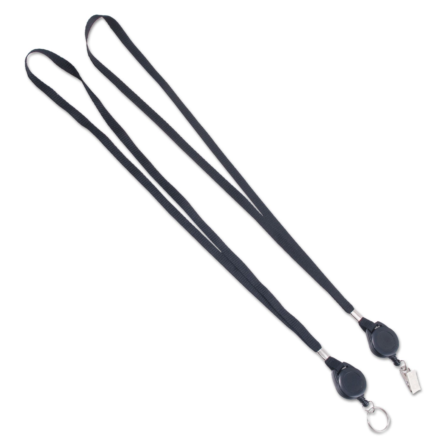 Lanyards with Retractable ID Reels, Metal Split Ring Fastener, 34" Long, Black, 12/Pack
