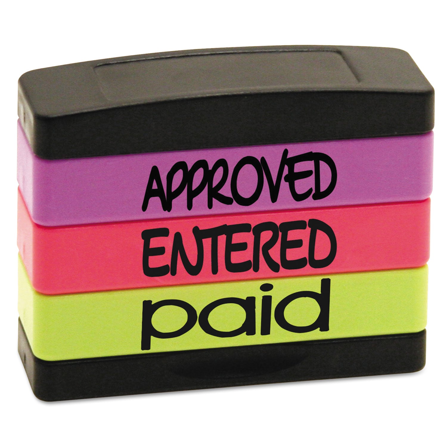 Interlocking Stack Stamp, APPROVED, ENTERED, PAID, 1.81" x 0.63", Assorted Fluorescent Ink - 