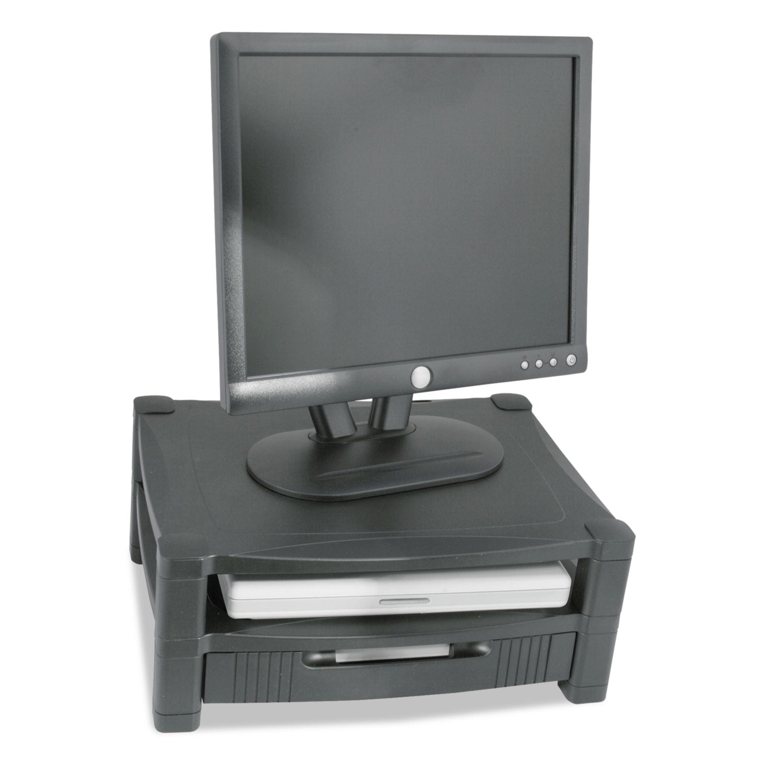 Two-Level Monitor Stand, 17" x 13.25" x 3.5" to 7", Black, Supports 50 lbs - 