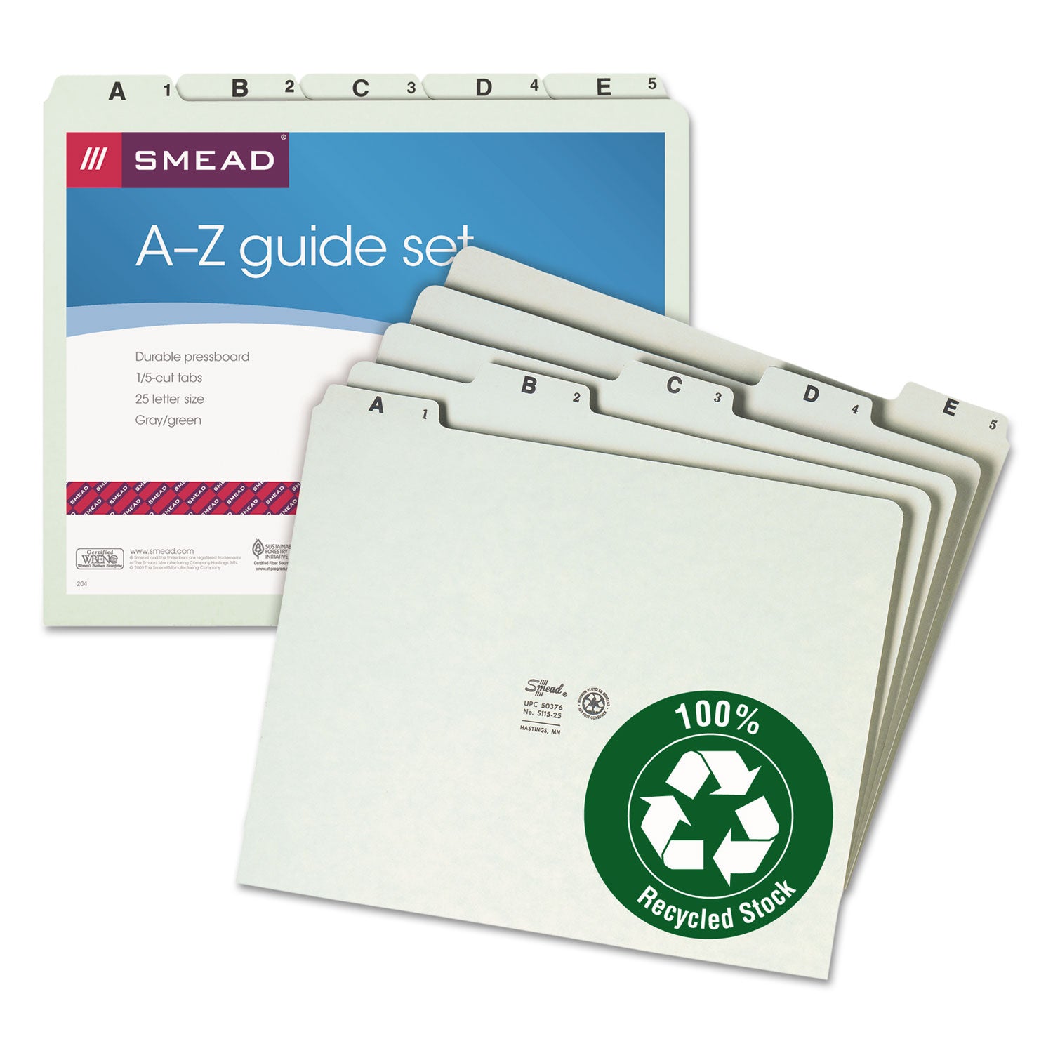 Alphabetic Top Tab Indexed File Guide Set, 1/5-Cut Top Tab, A to Z, 8.5 x 11, Green, 25/Set - 