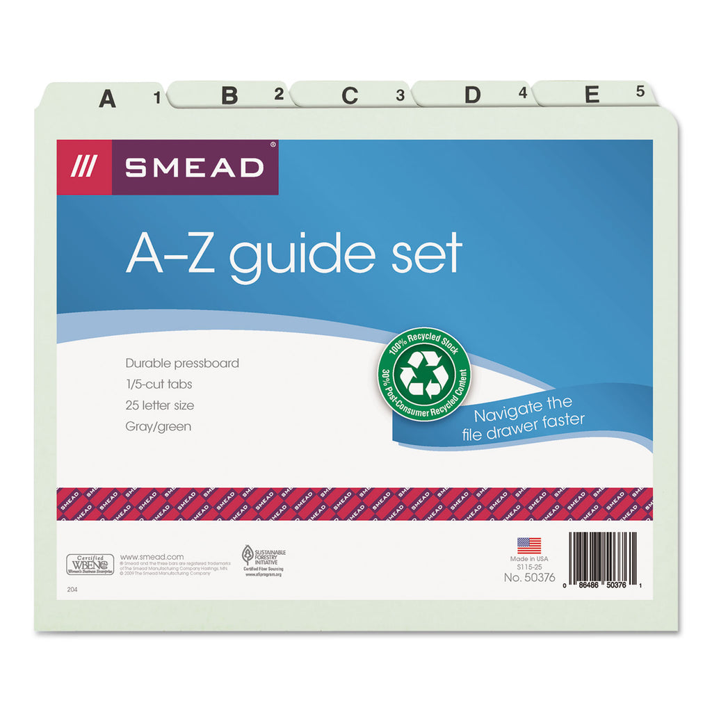Alphabetic Top Tab Indexed File Guide Set, 1/5-Cut Top Tab, A to Z, 8.5 x 11, Green, 25/Set - 
