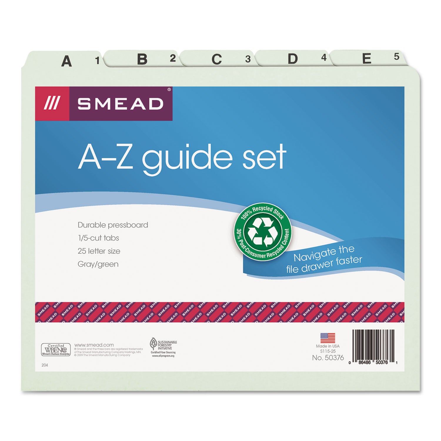 Alphabetic Top Tab Indexed File Guide Set, 1/5-Cut Top Tab, A to Z, 8.5 x 11, Green, 25/Set - 
