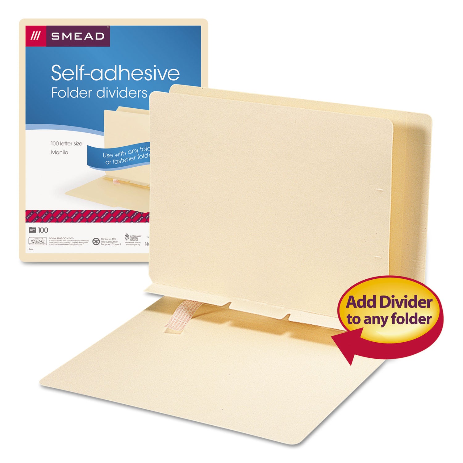 Self-Adhesive Folder Dividers for Top/End Tab Folders, Prepunched for Fasteners, 1 Fastener, Letter Size, Manila, 100/Box - 