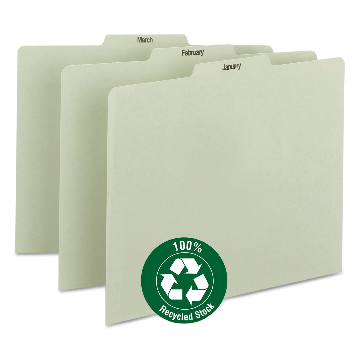 100% Recycled Monthly Top Tab File Guide Set, 1/3-Cut Top Tab, January to December, 8.5 x 11, Green, 12/Set - 