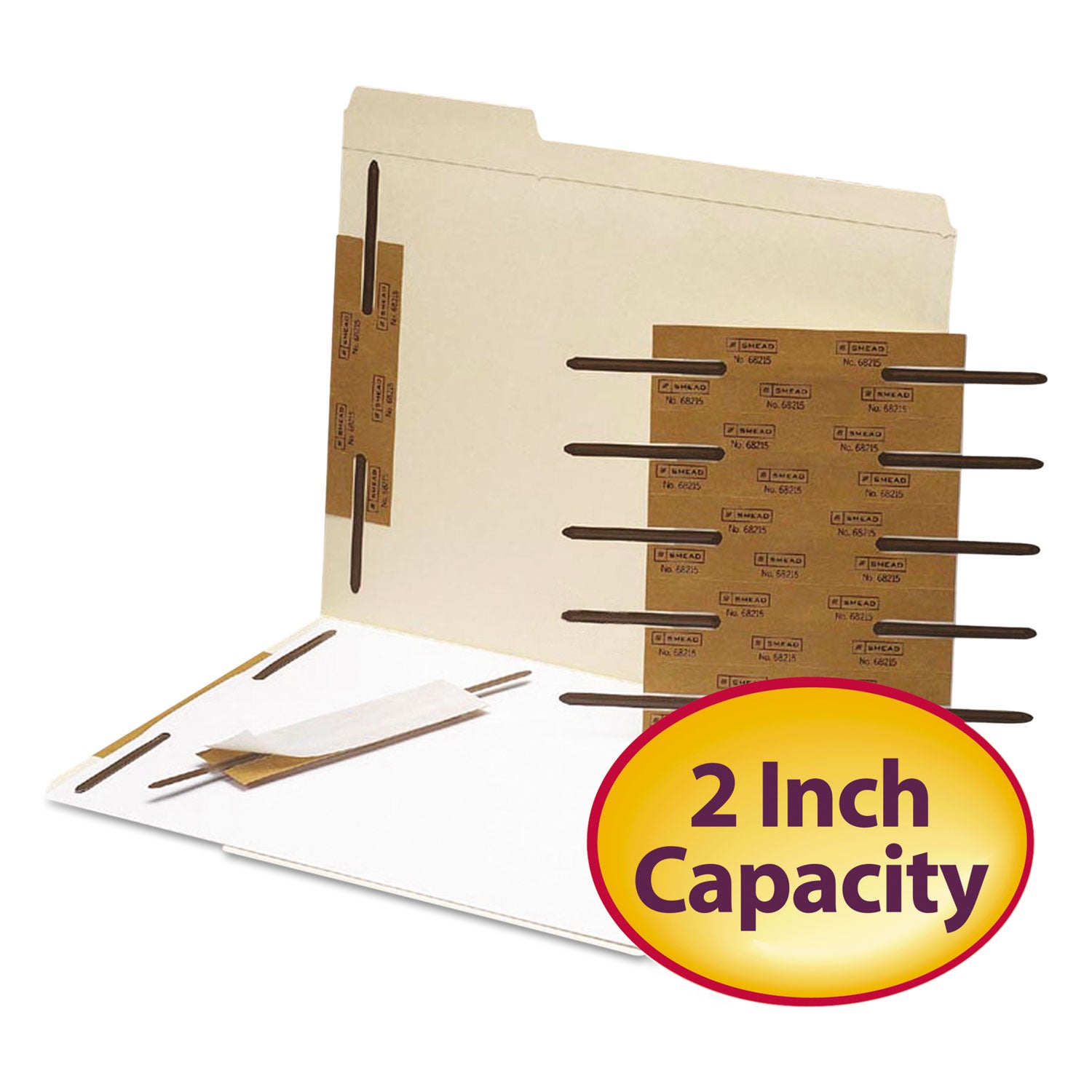 Reinforced Self-Adhesive Two-Prong Fastener Base and Compressor Sets, 2" Capacity, 2.75" Center to Center, Brown, 100/Box - 