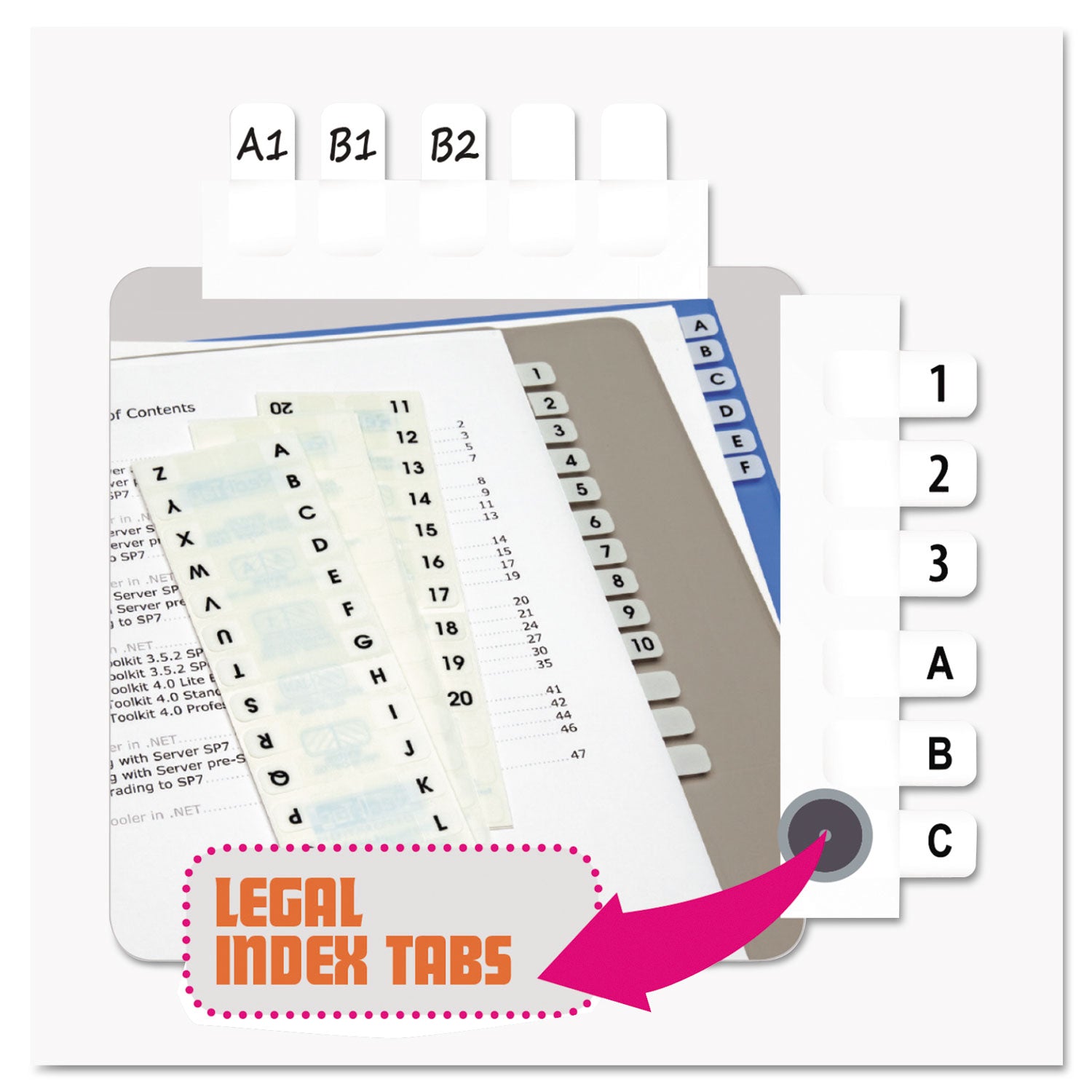 Legal Index Tabs, Preprinted Alpha: A to Z, 1/12-Cut, White, 0.44" Wide, 104/Pack - 