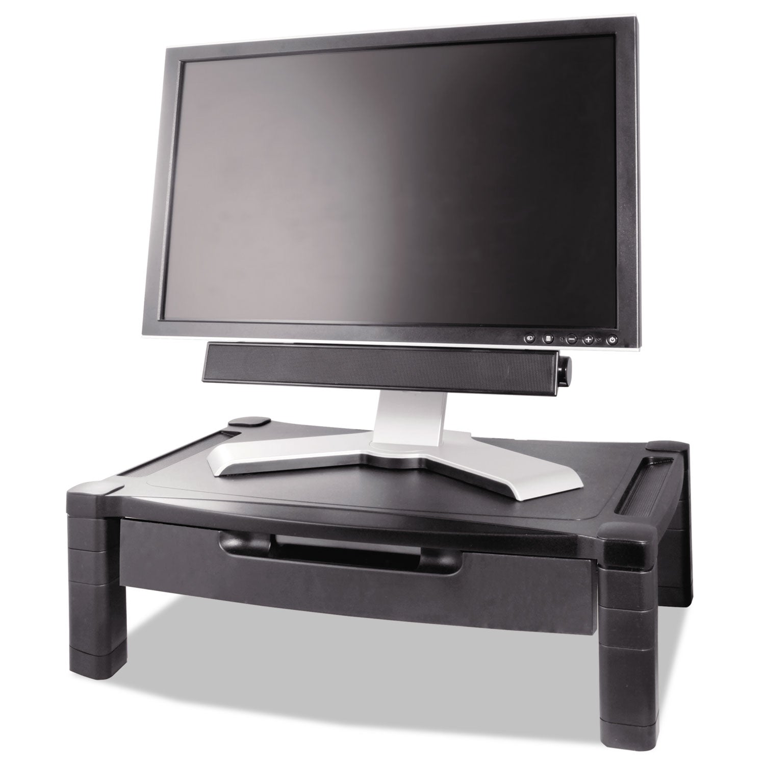 Wide Deluxe Two-Level Monitor Stand with Drawer, 20" x 13.25" x 3" to 6.5", Black, Supports 50 lbs - 