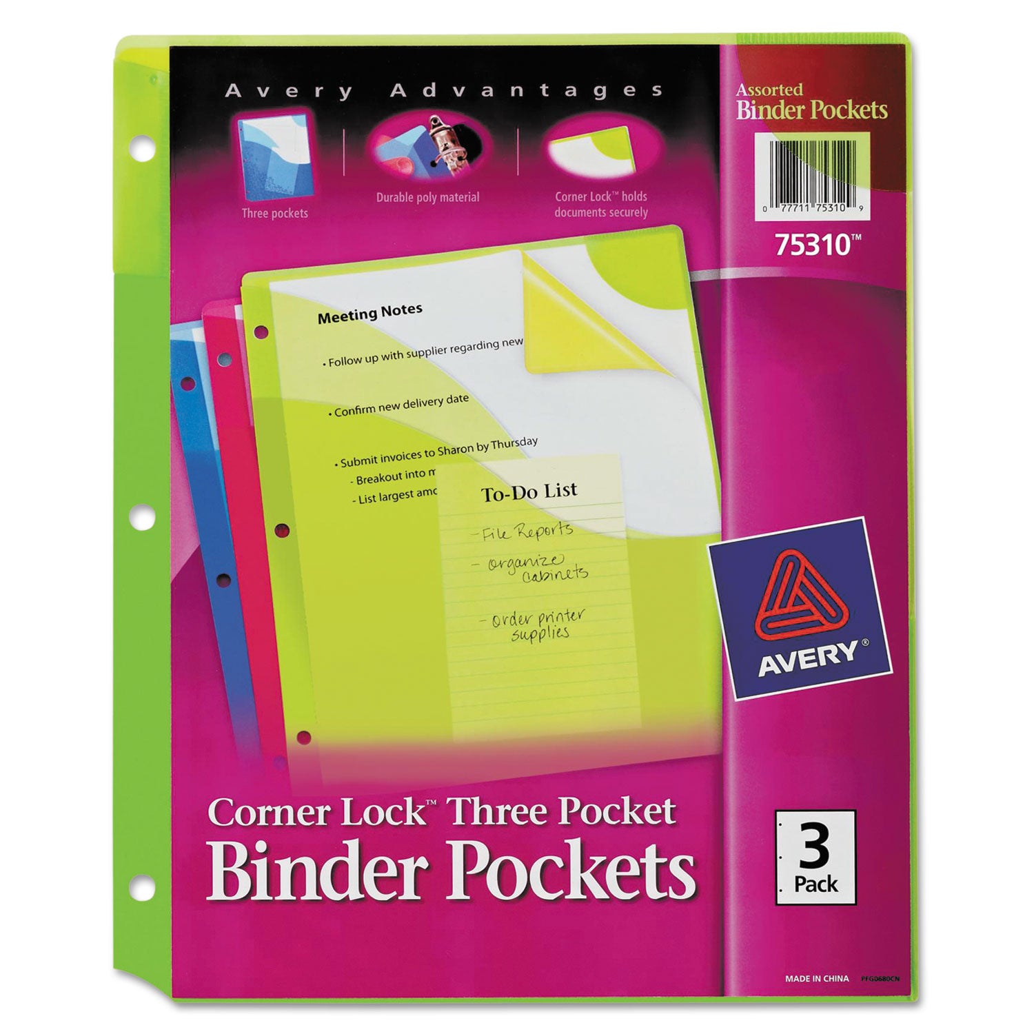 Corner Lock Three-Pocket Binder Pocket, 9.25 x 11.25, Assorted Color, 3/Pack - 