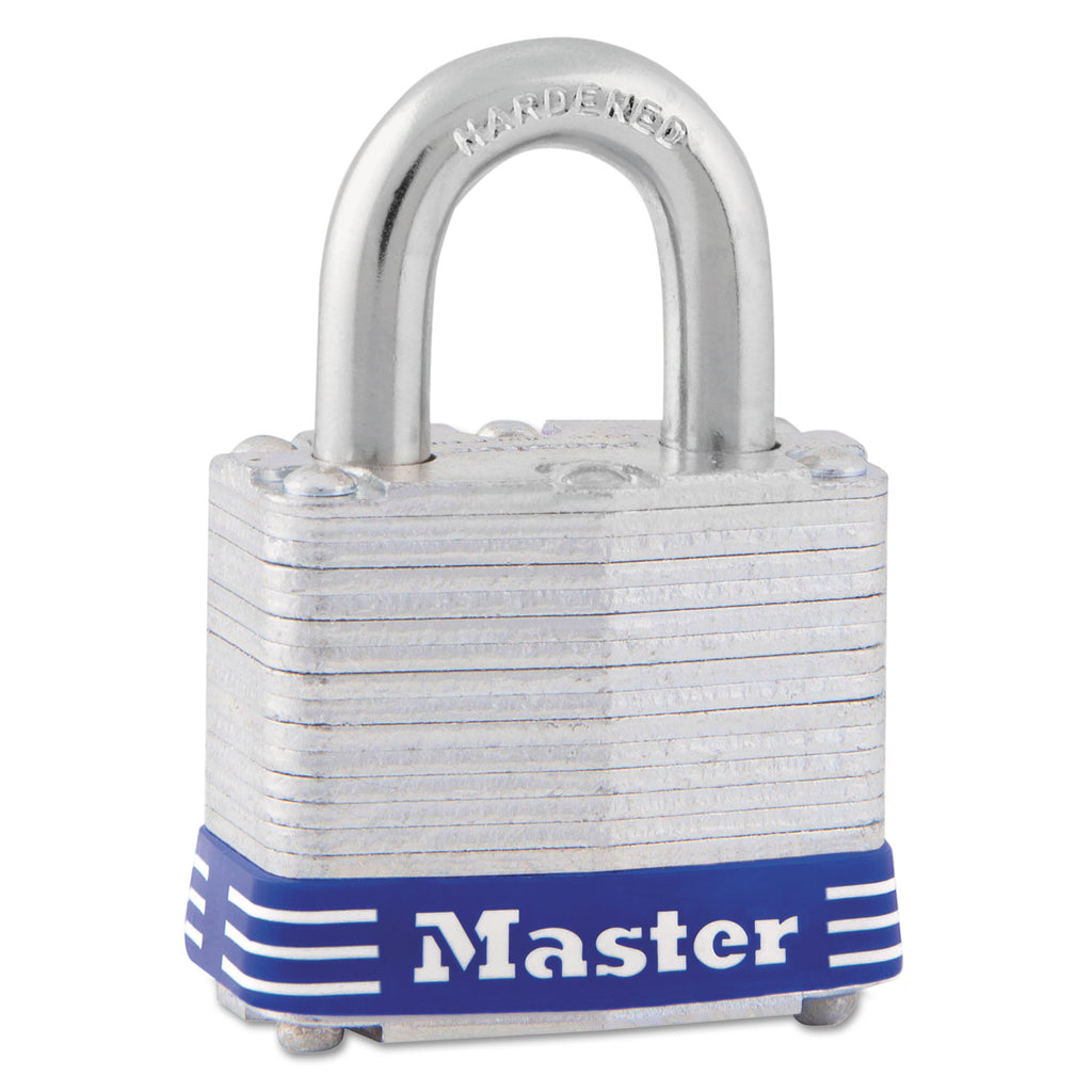 Four-Pin Tumbler Lock, Laminated Steel Body, 1.56" Wide, Silver/Blue, 2 Keys - 1