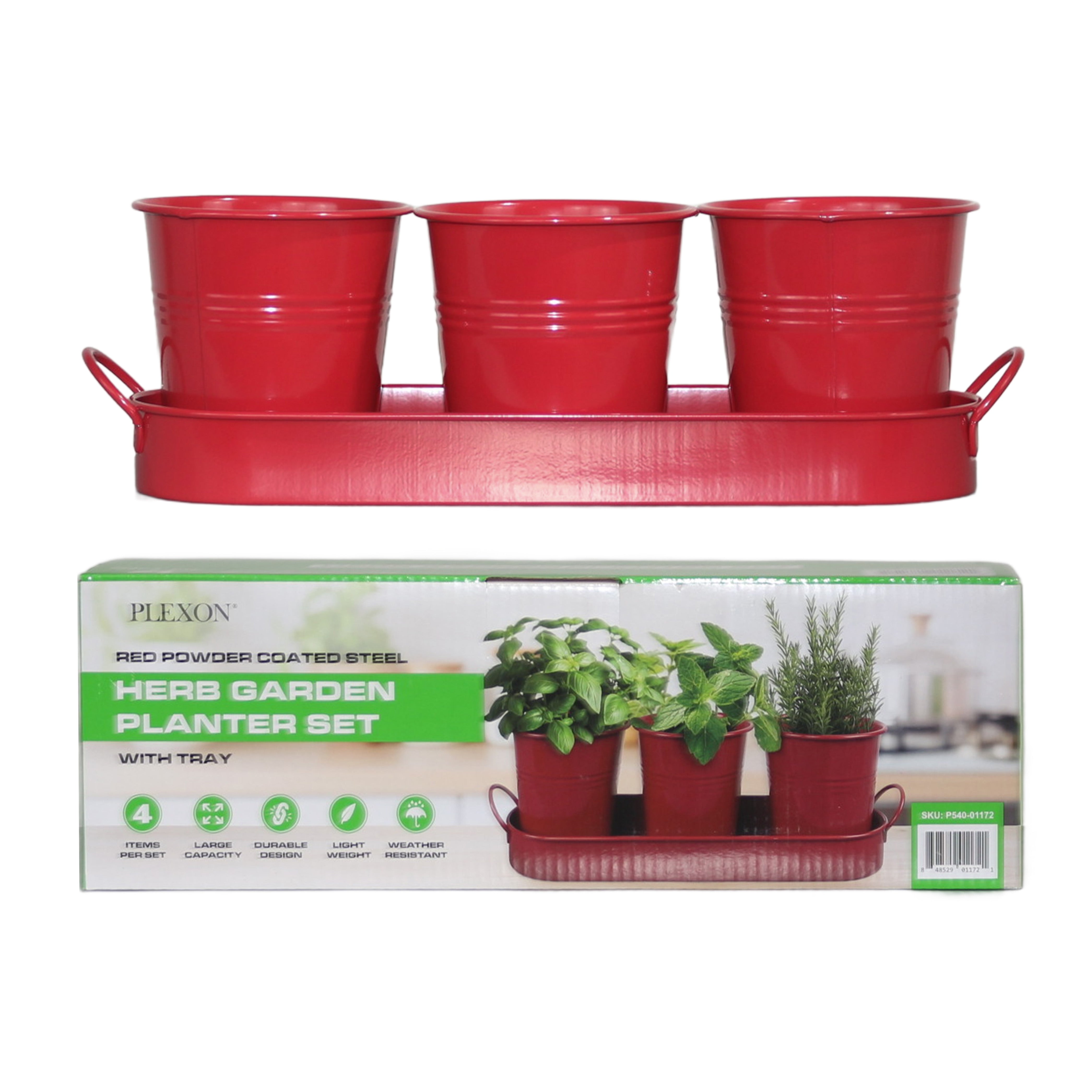 Set of 3 Red Metal Garden Planters with Tray