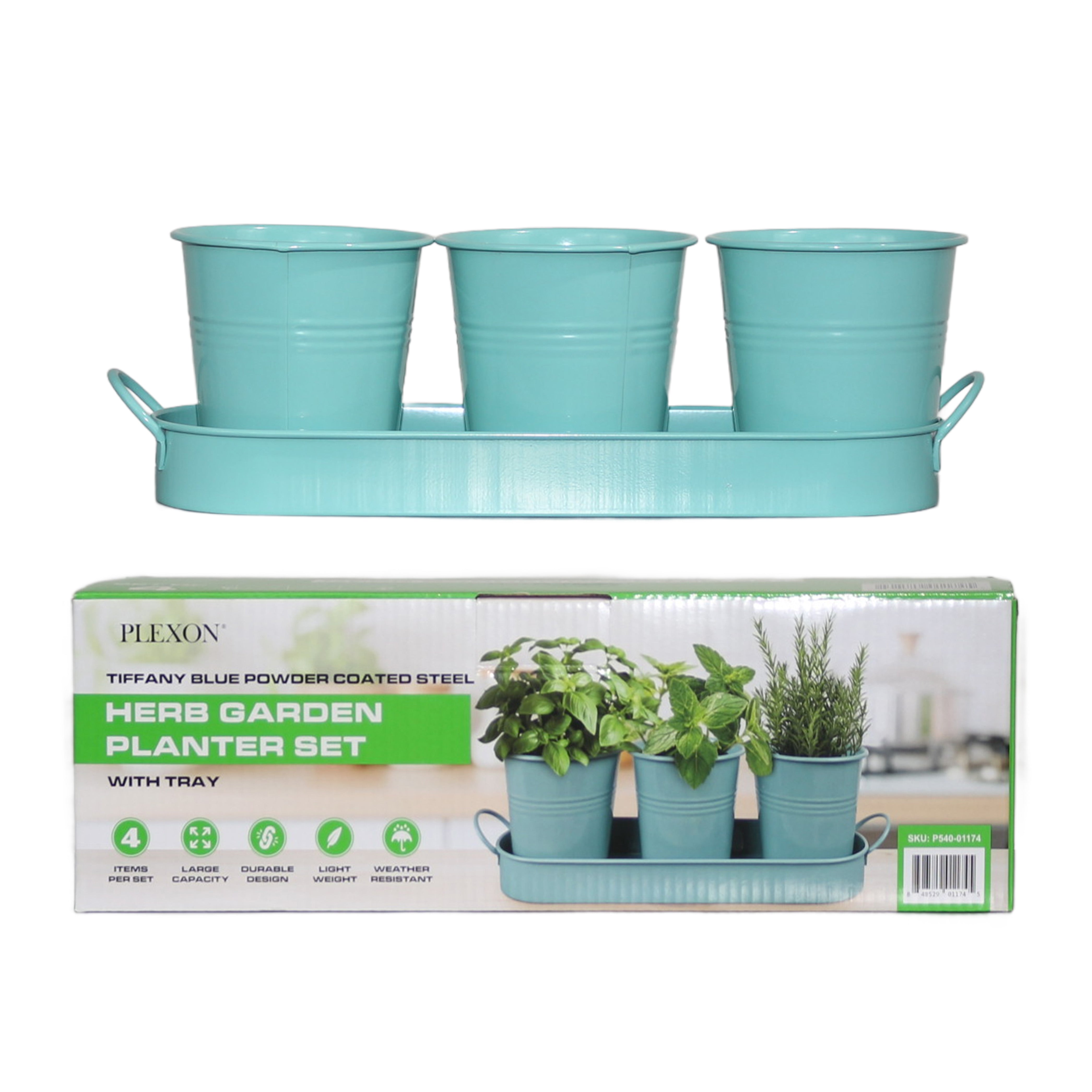 Set of 3 Tiffany Blue Metal Garden Planters with Tray