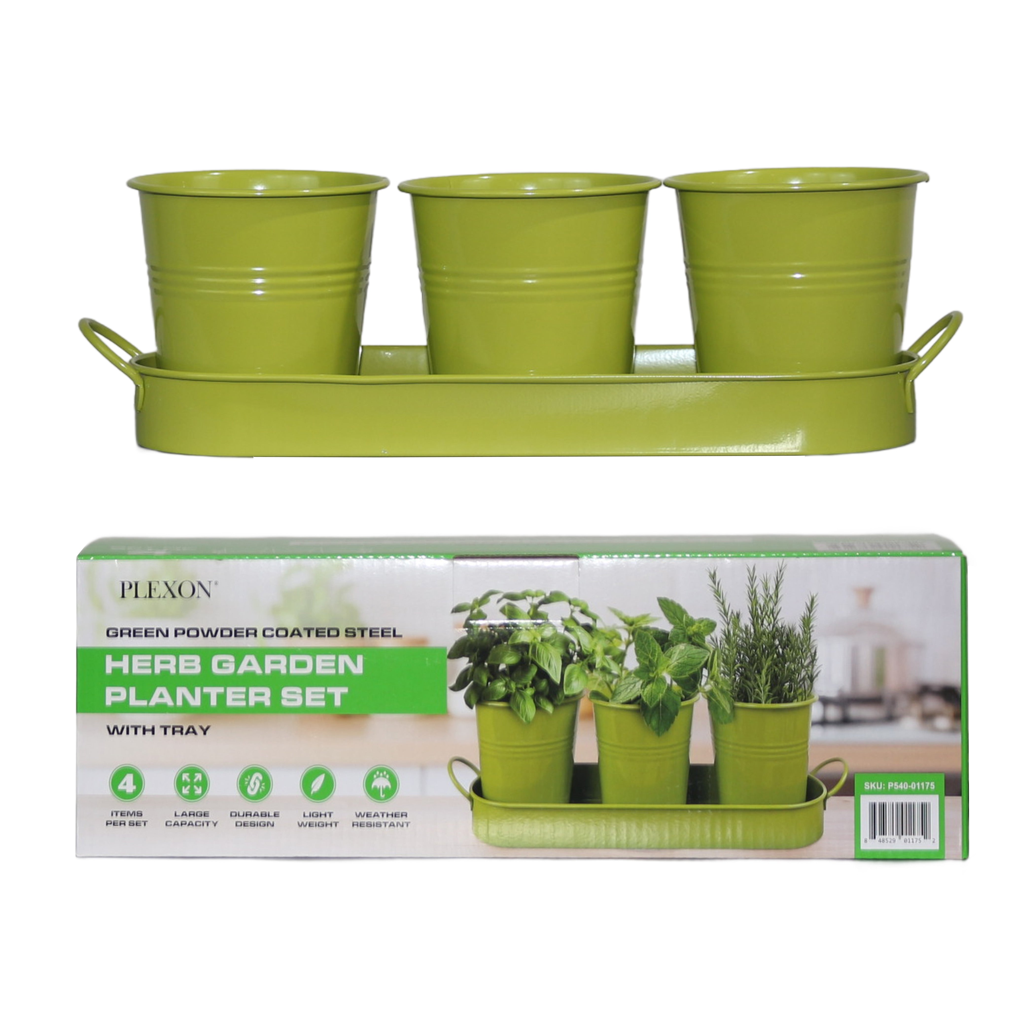 Set of 3 Green Metal Garden Planters with Tray