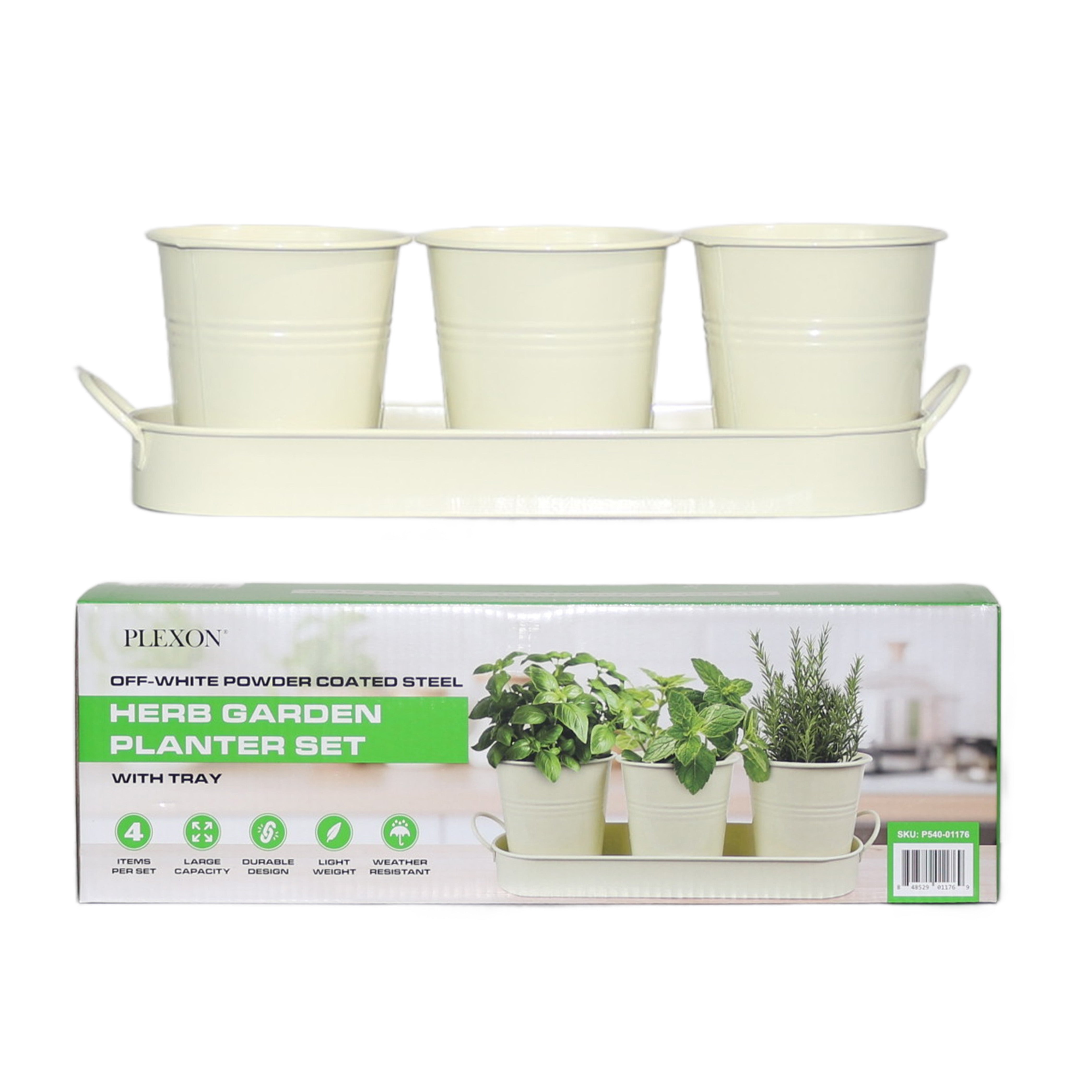 Set of 3 Beige Metal Garden Planters with Tray