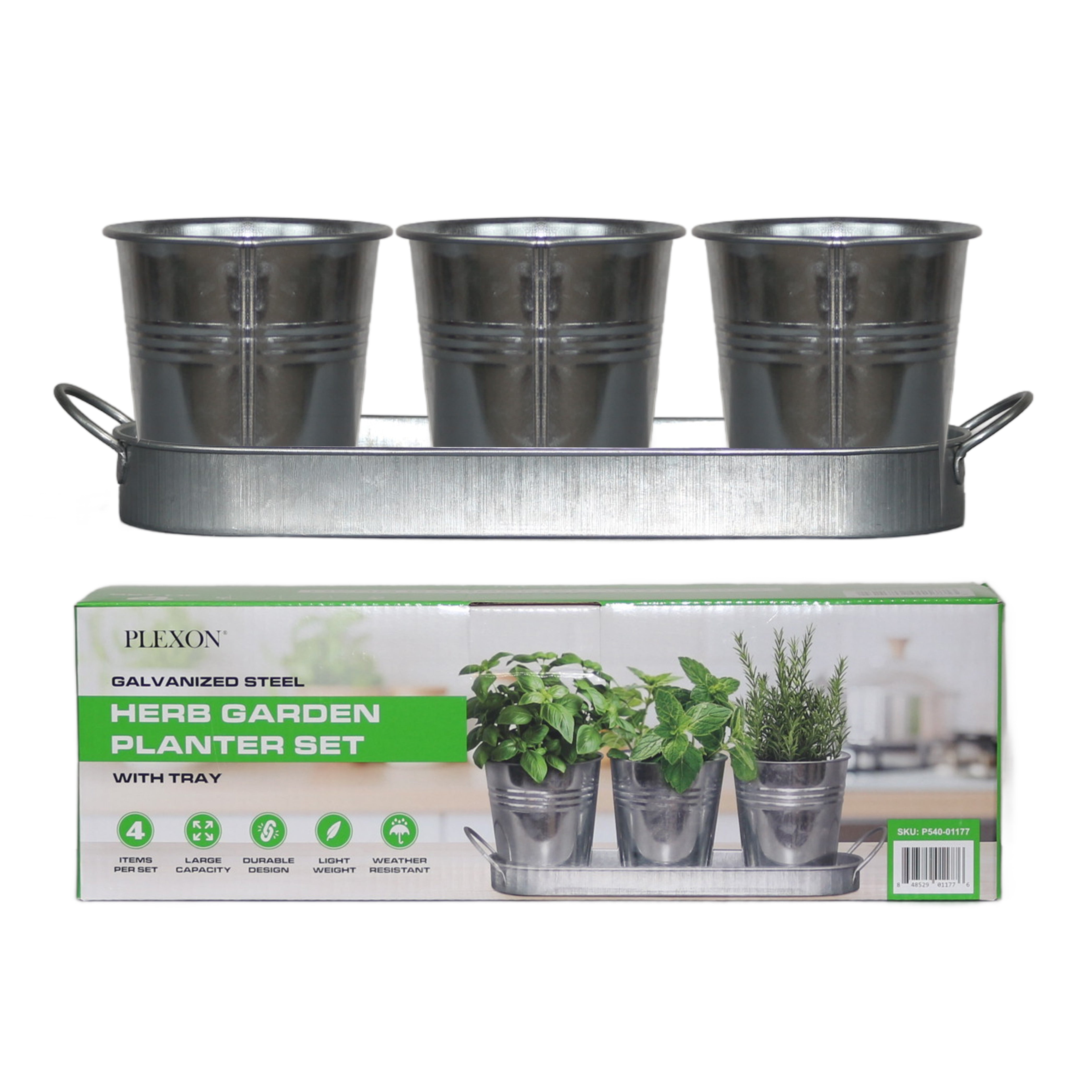 Set of 3 Galvanized Metal Garden Planters with Tray