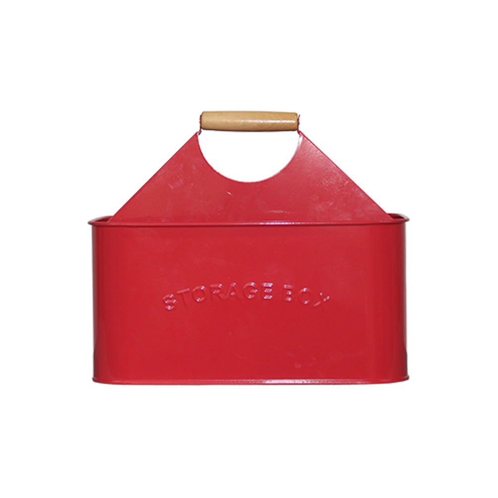 Red Galvanized Metal Utensil Caddy with Wooden Handle