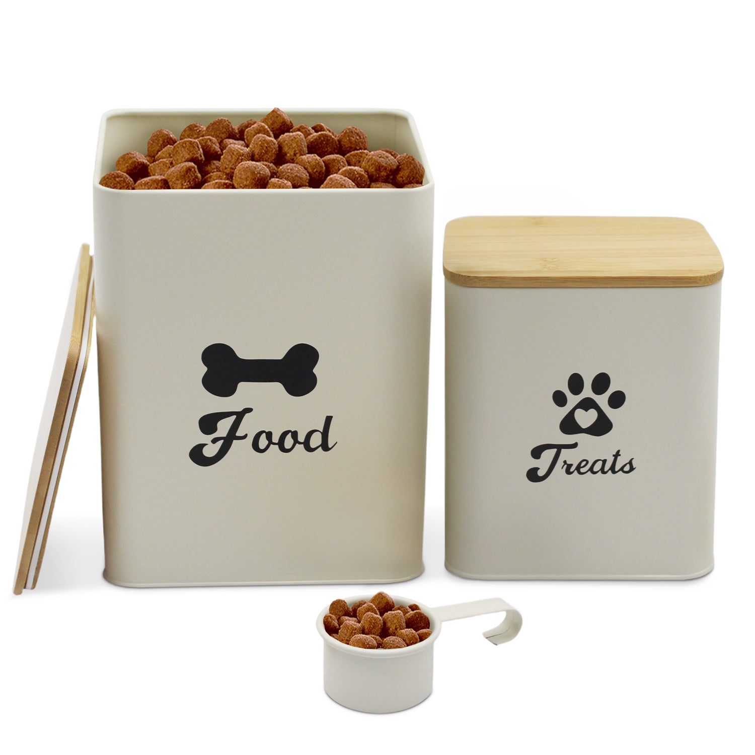 2-piece Beige Pet Food Storage Canister Set with Spoon and Wood Lids