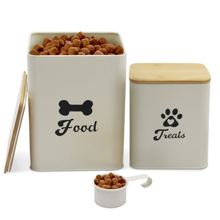 2-piece Beige Pet Food Storage Canister Set with Spoon and Wood Lids