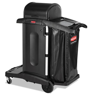 Executive High Security Janitorial Cleaning Cart, Plastic, 4 Shelves, 1 Bin, 23.1" x 39.6" x 27.5", Black - 