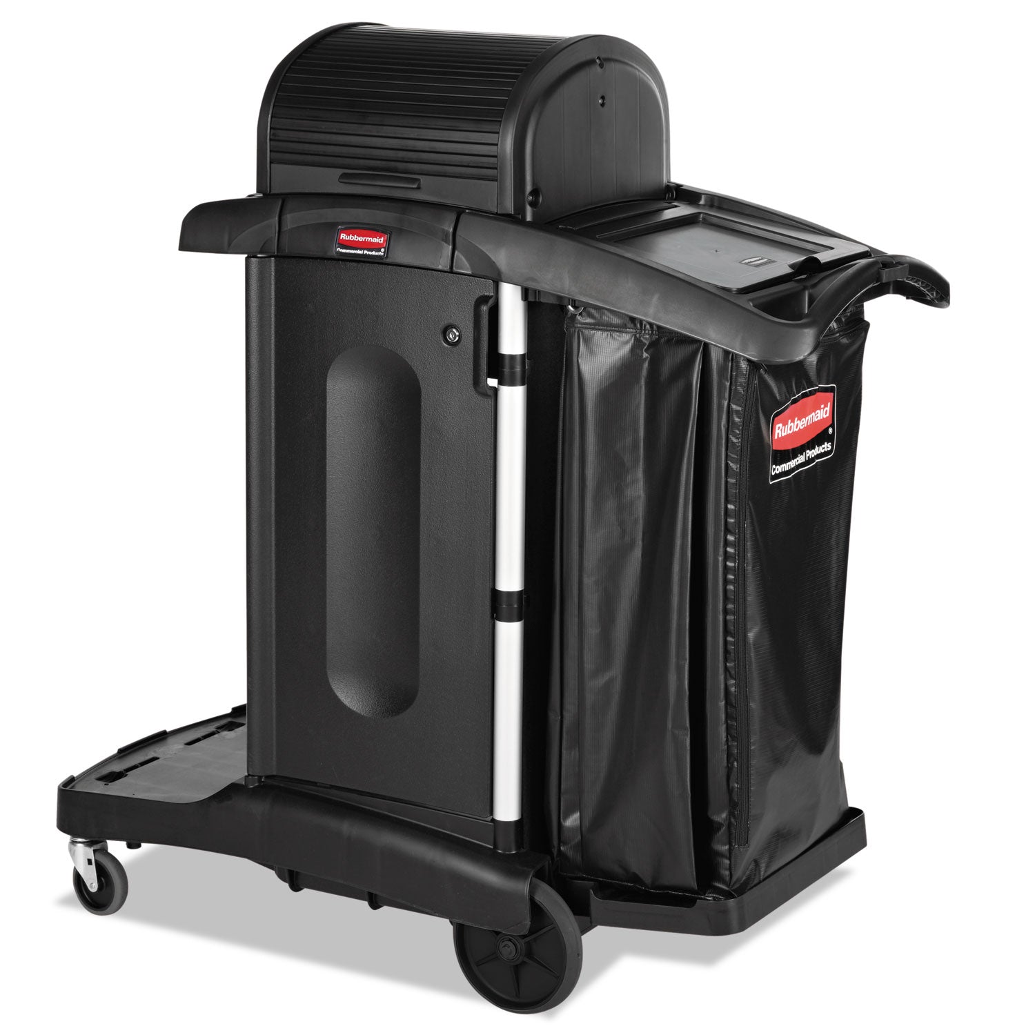 Executive High Security Janitorial Cleaning Cart, Plastic, 4 Shelves, 1 Bin, 23.1" x 39.6" x 27.5", Black - 