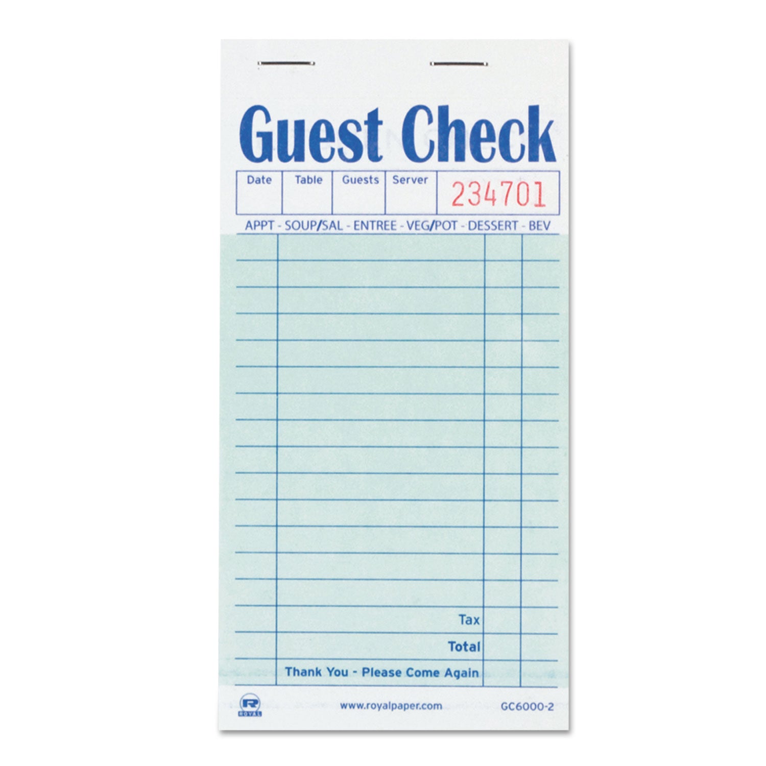 Guest Check Pad, 17 Lines, Two-Part Carbon, 3.5 x 6.7, 50 Forms/Pad, 50 Pads/Carton - 