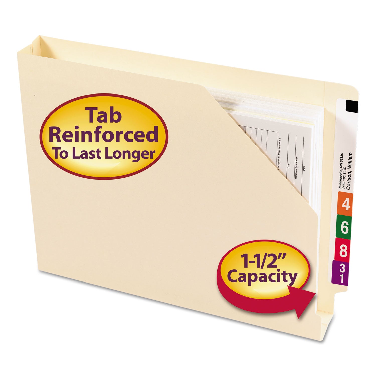 End Tab Jackets with Reinforced Tabs, Straight Tab, Letter Size, 14-pt Manila, 50/Box - 