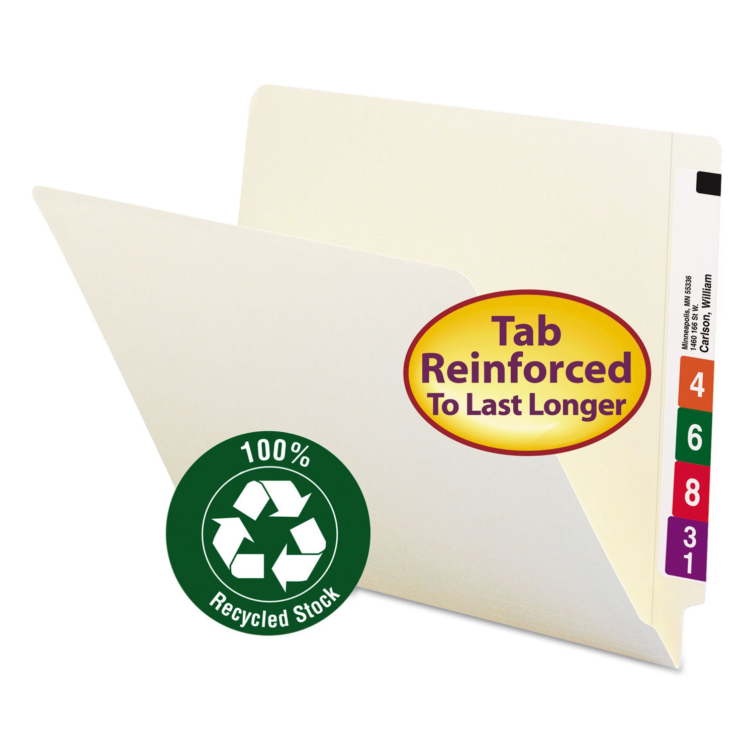 100% Recycled Manila End Tab Folders, Straight Tabs, Letter Size, 0.75" Expansion, Manila, 100/Box - 