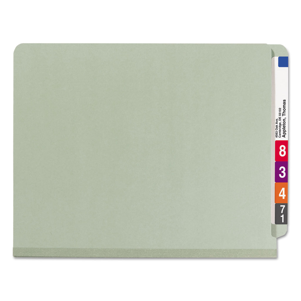 End Tab Pressboard Classification Folders, Four SafeSHIELD Fasteners, 2" Expansion, 1 Divider, Letter Size, Gray-Green, 10/BX