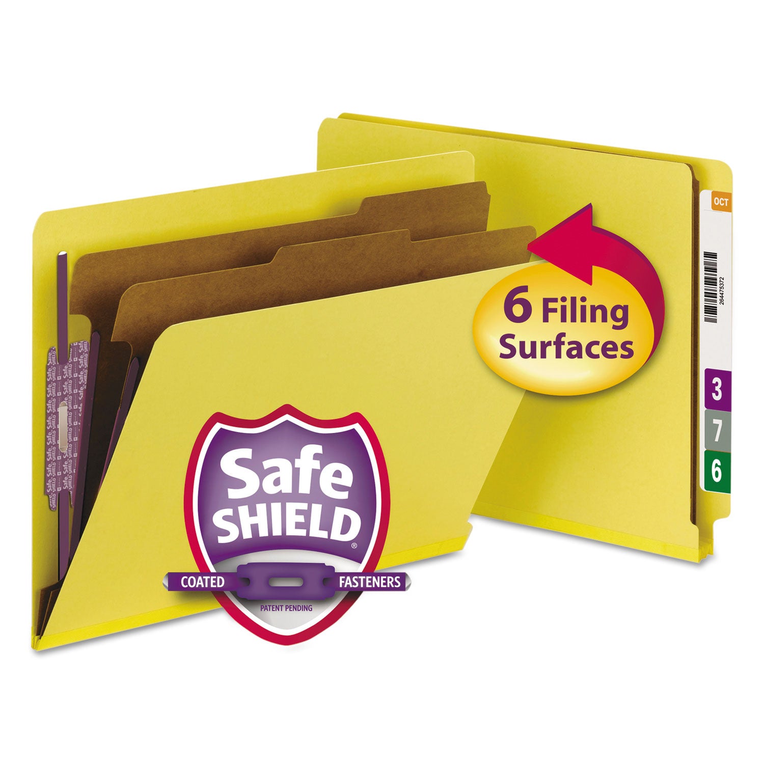 End Tab Pressboard Classification Folders, Six SafeSHIELD Fasteners, 2" Expansion, 2 Dividers, Letter Size, Yellow, 10/Box - 