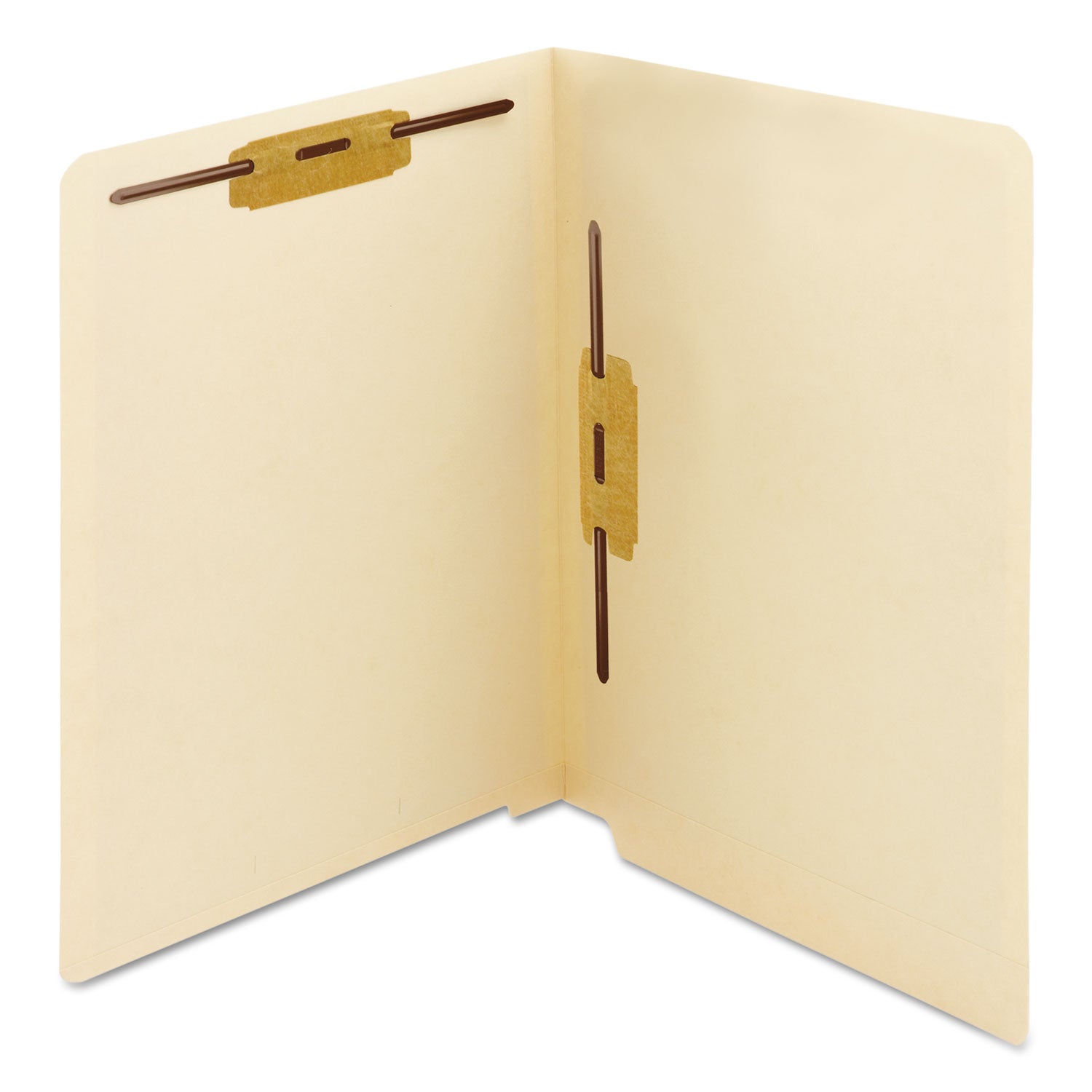 End Tab Fastener Folders with Reinforced Straight Tabs, 11-pt Manila, 2 Fasteners: Top/Side, Letter Size, Manila, 50/Box - 