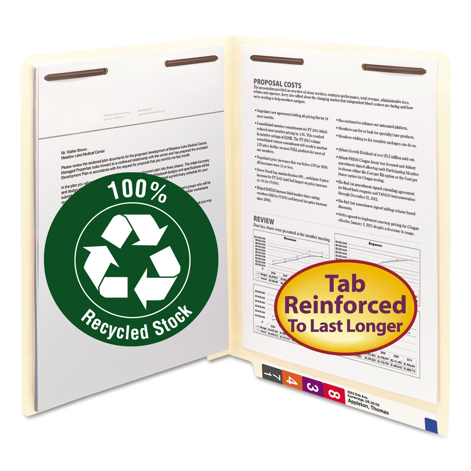 Recycled Manila End Tab Fastener Folders, 0.75" Expansion, 2 Fasteners, Letter Size, Manila Exterior, 50/Box
