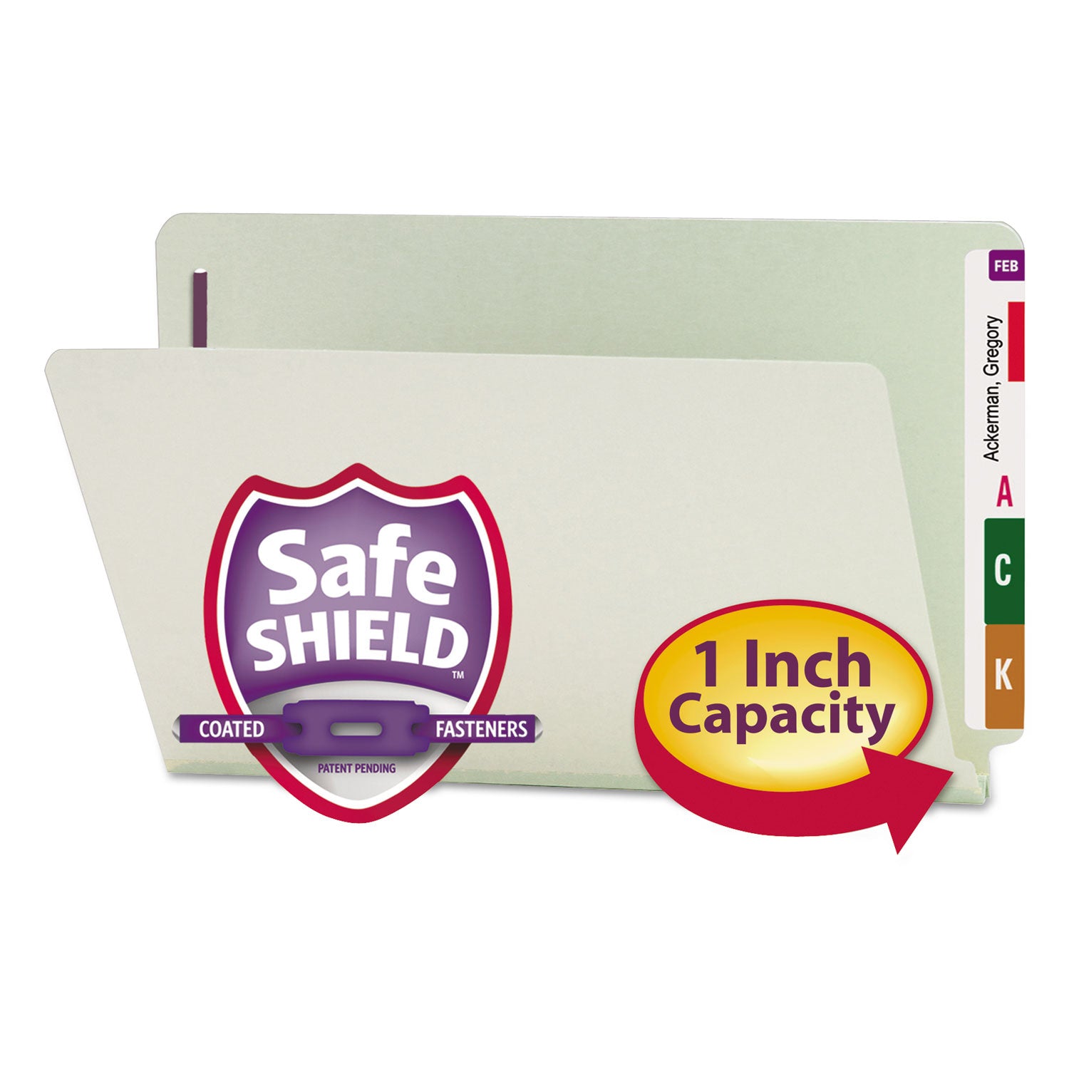 End Tab Pressboard Classification Folders, Two SafeSHIELD Coated Fasteners, 1" Expansion, Legal Size, Gray-Green, 25/Box - 