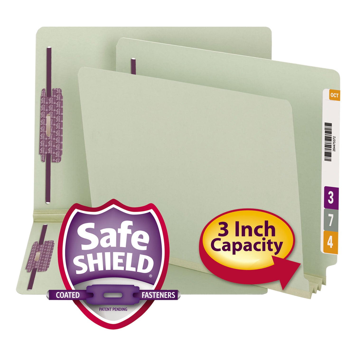 End Tab Pressboard Classification Folders, Two SafeSHIELD Coated Fasteners, 3" Expansion, Letter Size, Gray-Green, 25/Box - 