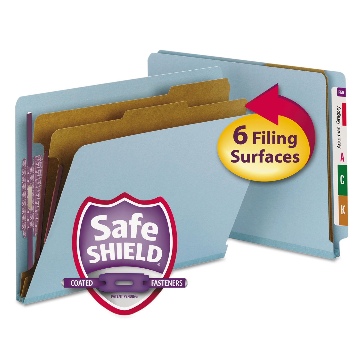End Tab Pressboard Classification Folders, Six SafeSHIELD Fasteners, 2" Expansion, 2 Dividers, Letter Size, Blue, 10/Box - 