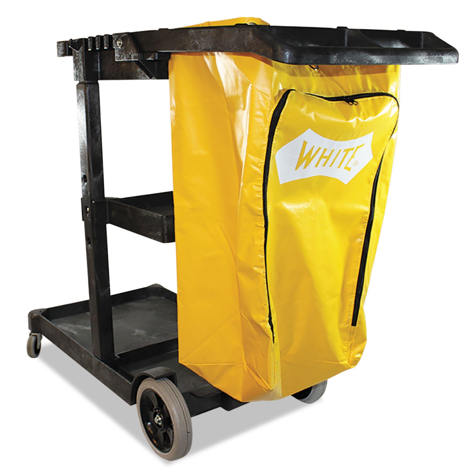 Janitorial Cart, Plastic, 3 Shelves, 1 Bin, 20.5" x 48" x 38", Yellow - 1