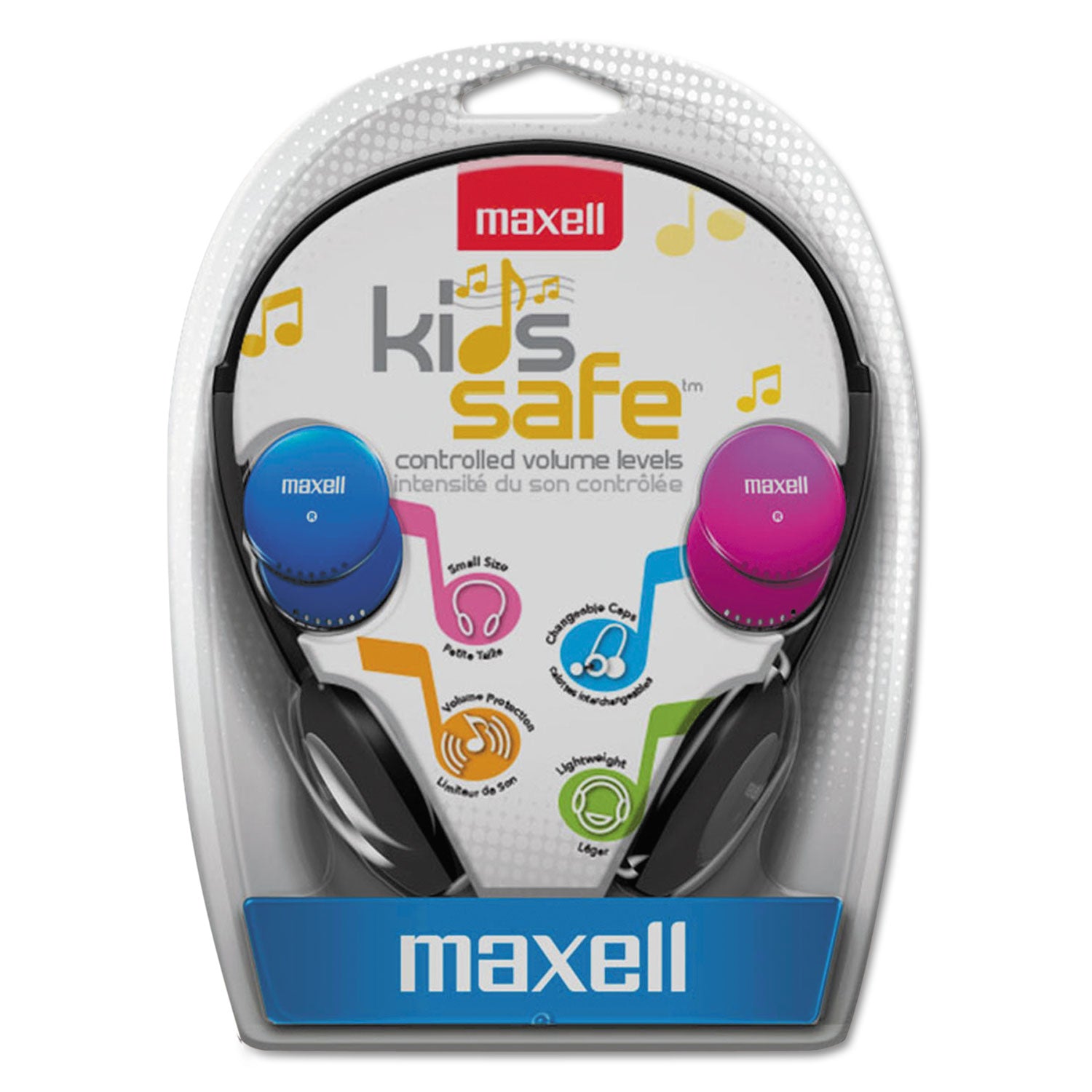 Kids Safe Headphones, 4 ft Cord, Black with Interchangeable Pink/Blue/Silver Caps - 