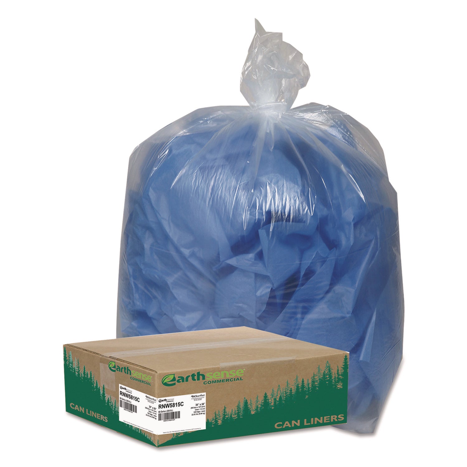 Linear Low Density Clear Recycled Can Liners, 60 gal, 1.5 mil, 38" x 58", Clear,10 Bags/Roll, 10 Rolls/Carton