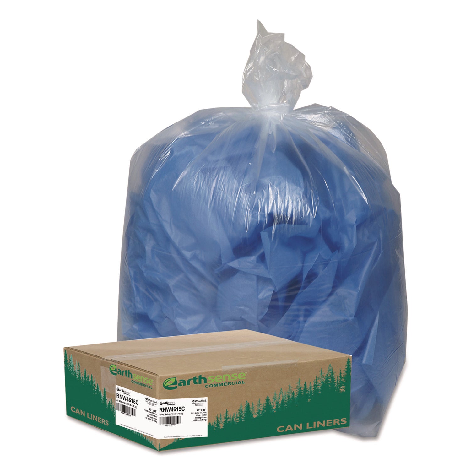 Linear Low Density Clear Recycled Can Liners, 45 gal, 1.5 mil, 40" x 46", Clear, 10 Bags/Roll, 10 Rolls/Carton