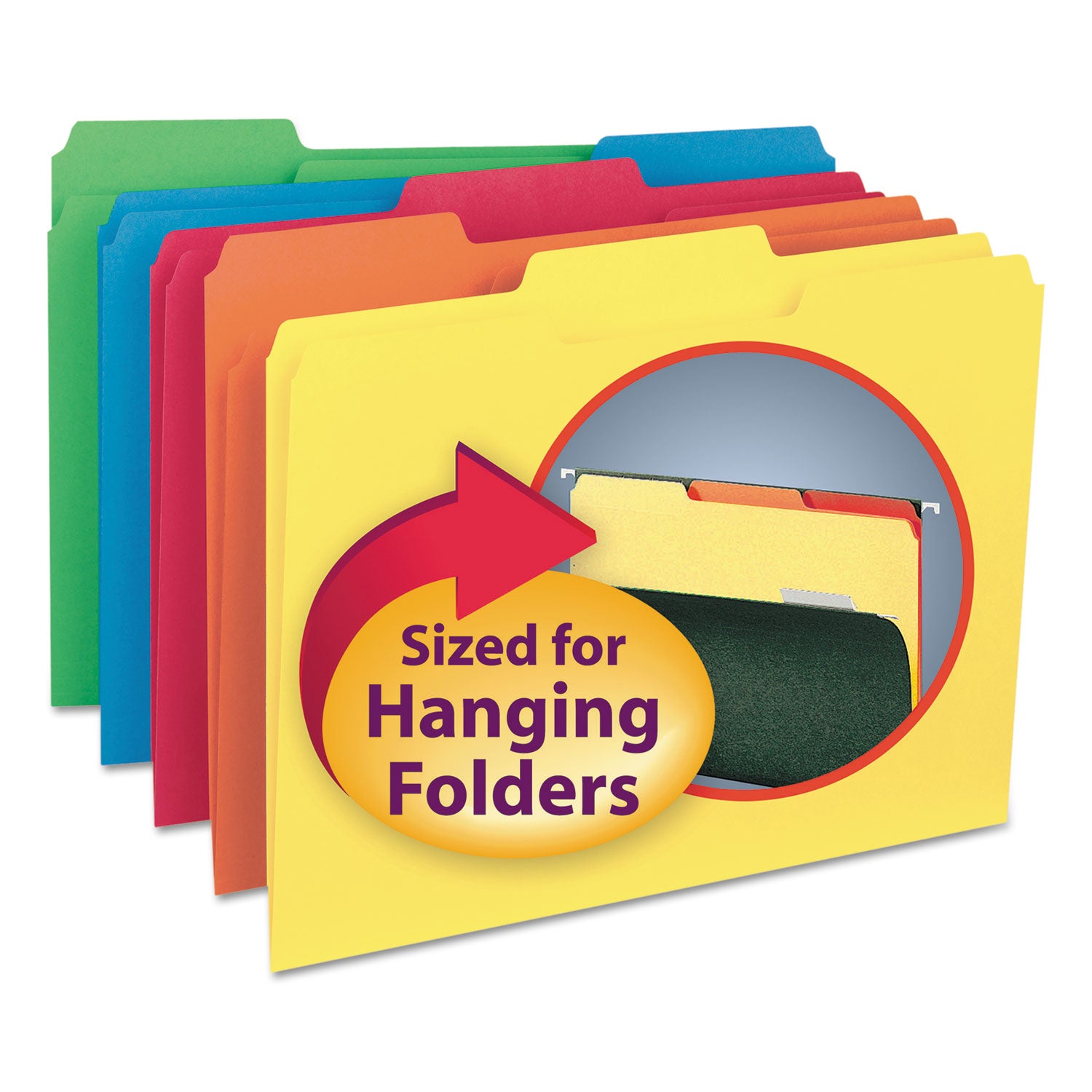 Interior File Folders, 1/3-Cut Tabs: Assorted, Letter Size, 0.75" Expansion, Assorted Colors, 100/Box - 