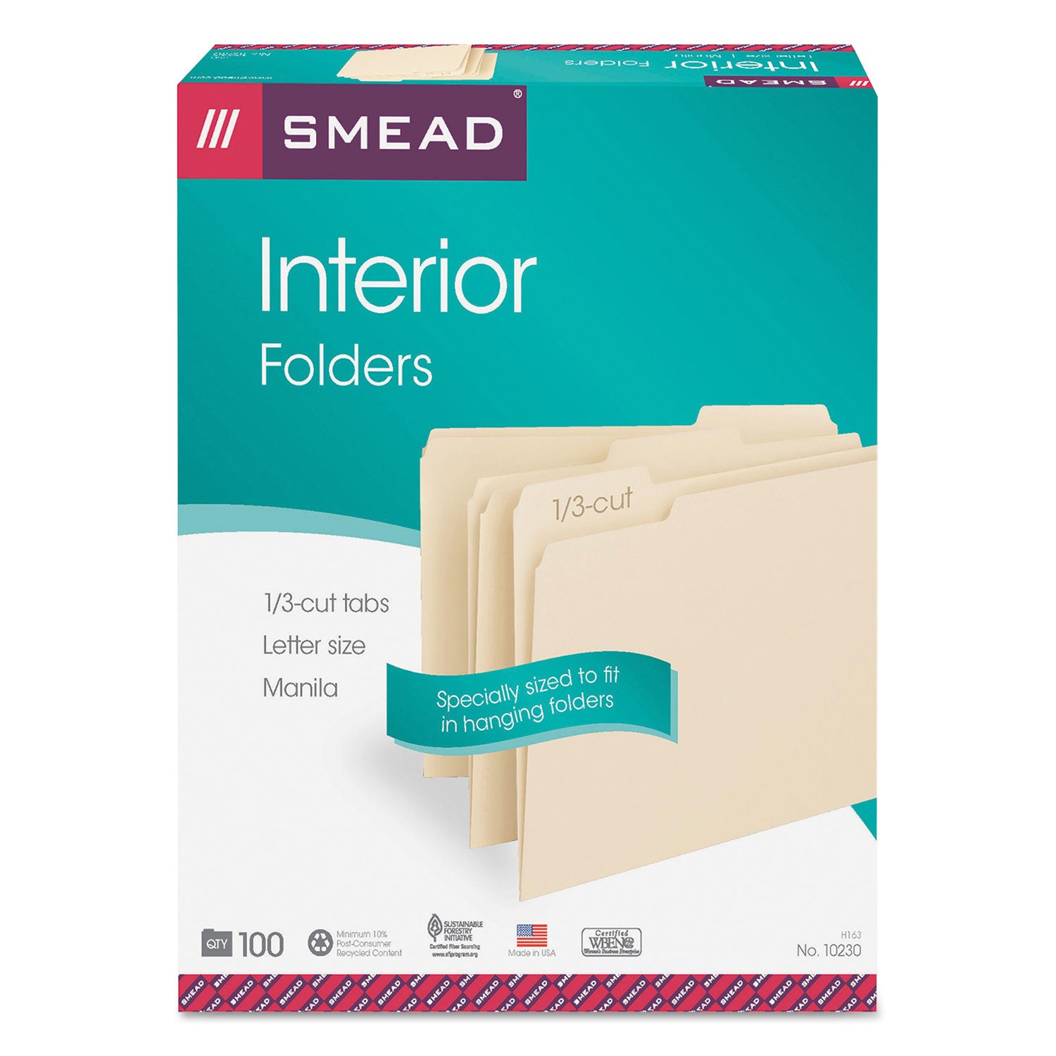 Interior File Folders, 1/3-Cut Tabs: Assorted, Letter Size, 0.75" Expansion, Manila, 100/Box - 