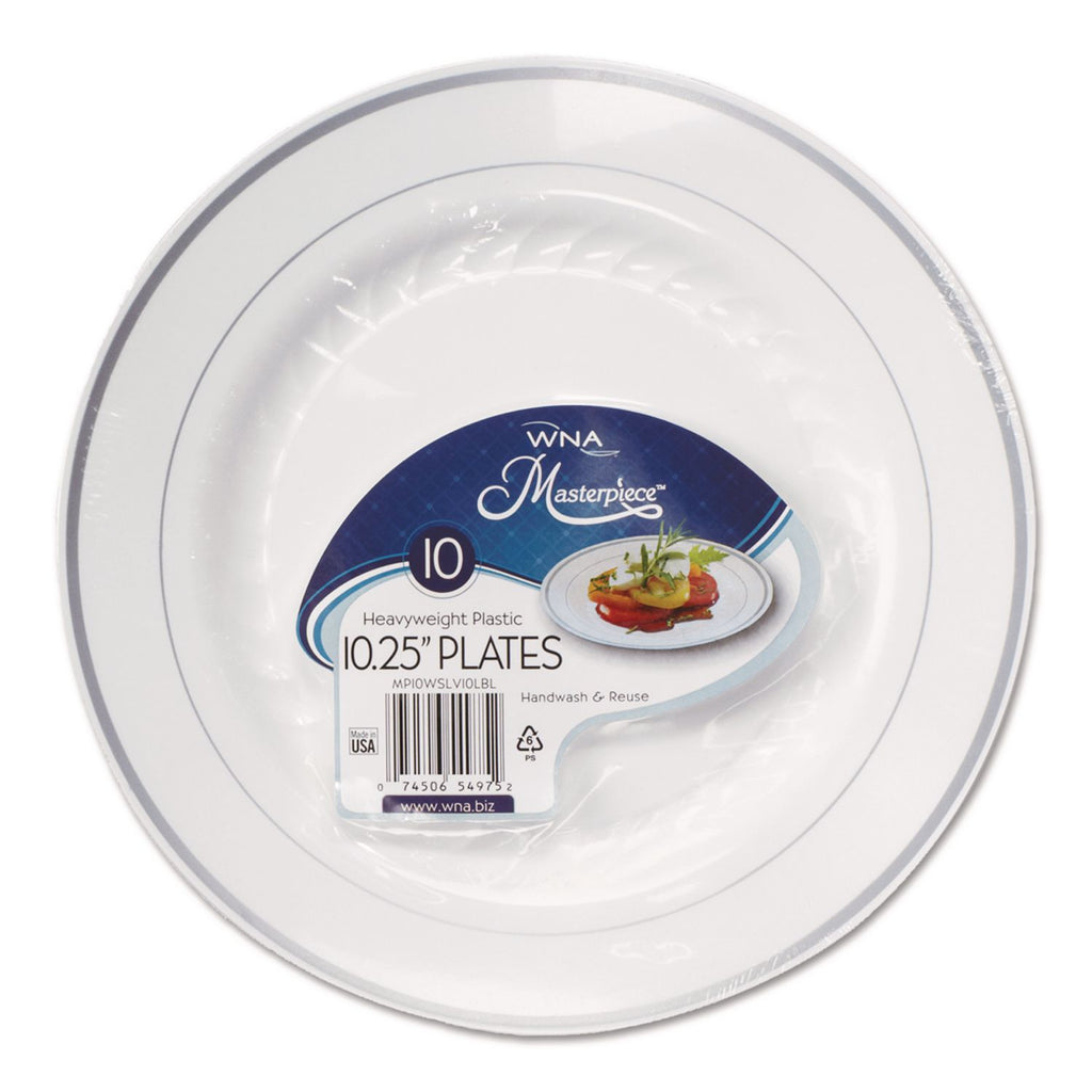 Masterpiece Plastic Plates, 10.25" dia, White with Silver Accents, Round, 10/Pack, 12 Packs/Carton