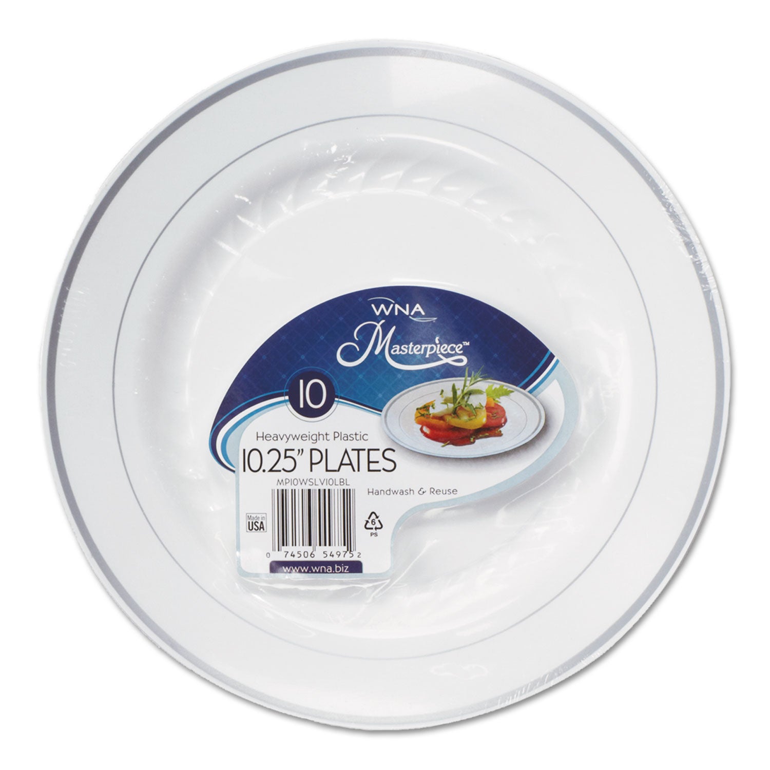 masterpiece-plastic-plates-1025-dia-white-with-silver-accents-round-10-pack-12-packs-carton_wnarsm101210ws - 1