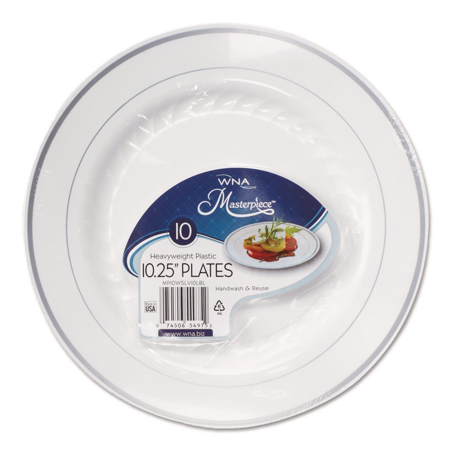 Masterpiece Plastic Dinnerware, 10.25" dia, White/Silver, 10/Pack