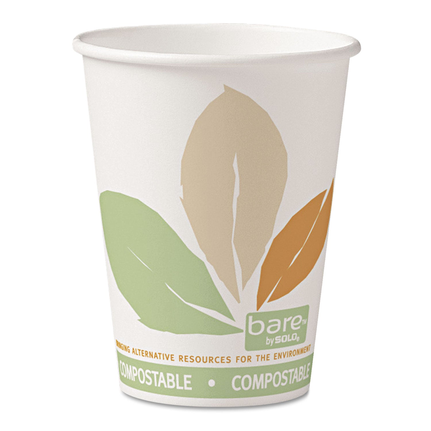 Bare Eco-Forward PLA Paper Hot Cups, 12 oz, Leaf Design, White/Green/Orange, 50/Bag, 20 Bags/Carton - 