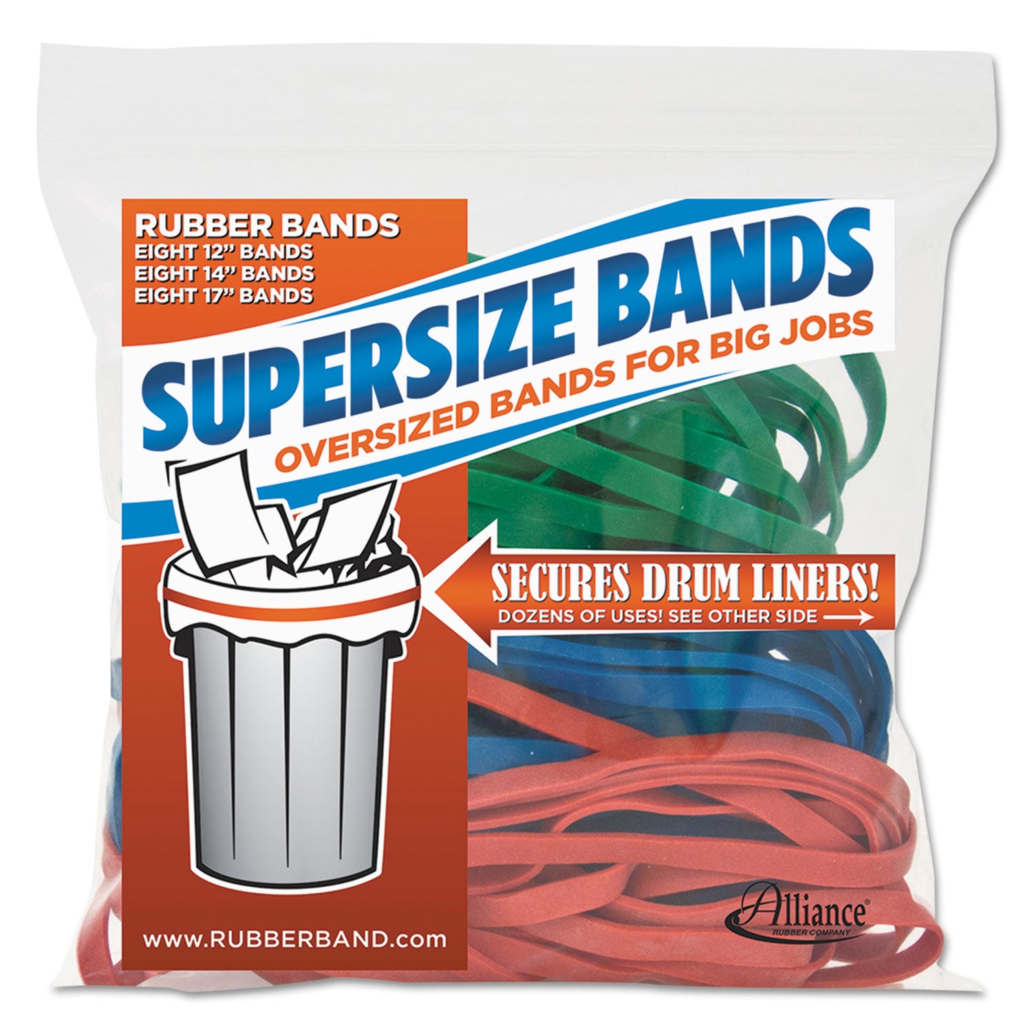 SuperSize Bands, 0.25" Wide, Assorted Lengths (12", 14" and 17"), 4,060 psi Max Elasticity, Assorted Colors, 24/Pack - 