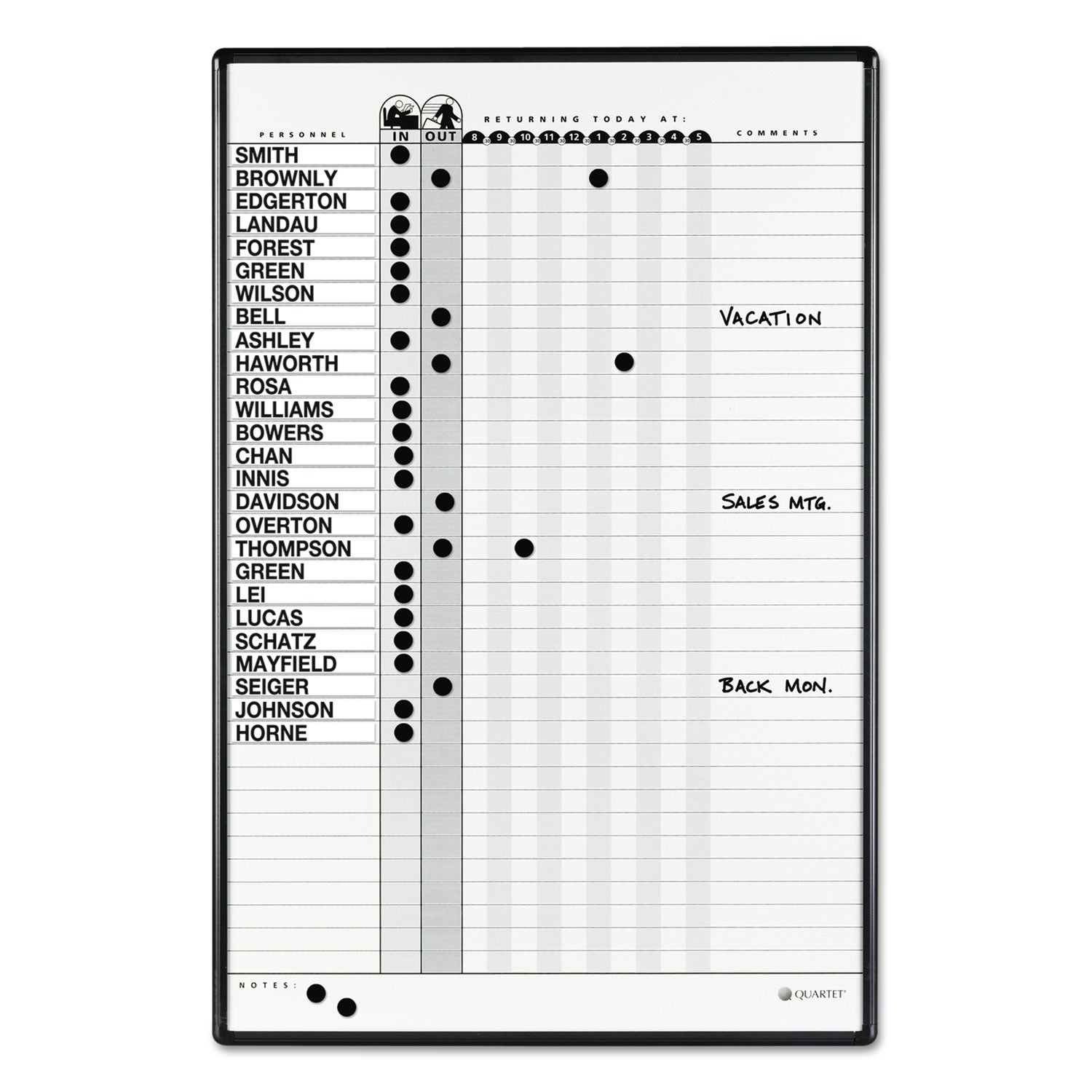 Employee In/Out Board System, Up to 36 Employees, 24 x 36, Porcelain White/Gray Surface, Black Aluminum Frame - 