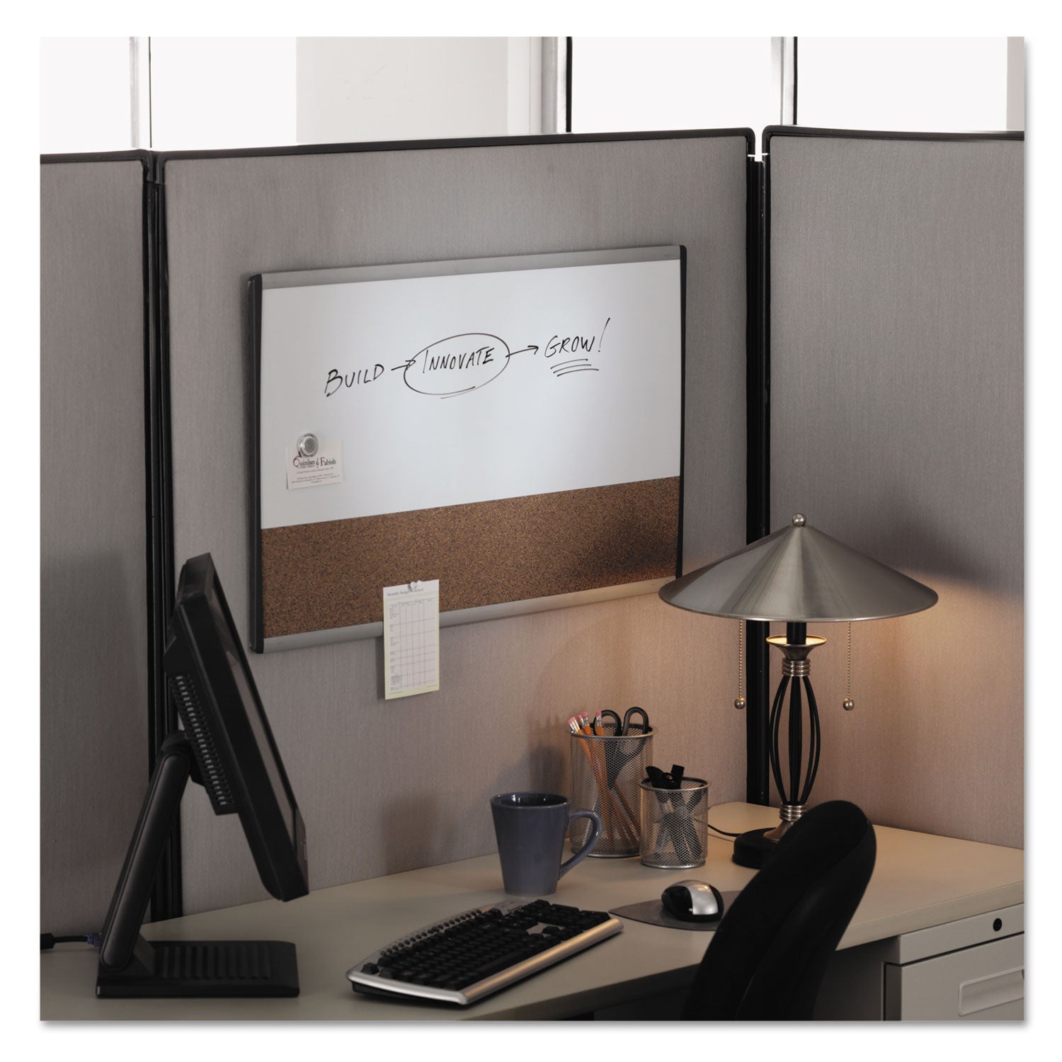 ARC Frame Cubicle Dry Erase/Cork Board, 30 x 18, Tan/White Surface, Silver Aluminum Frame - 