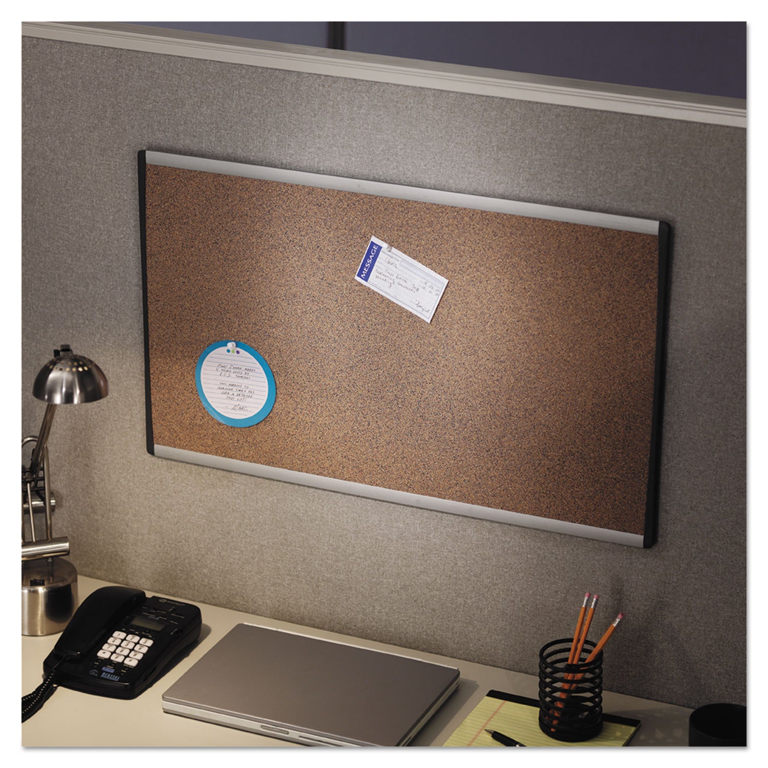 ARC Frame Cubicle Cork Board, 30 x 18, Tan Surface, Silver Aluminum Frame - 