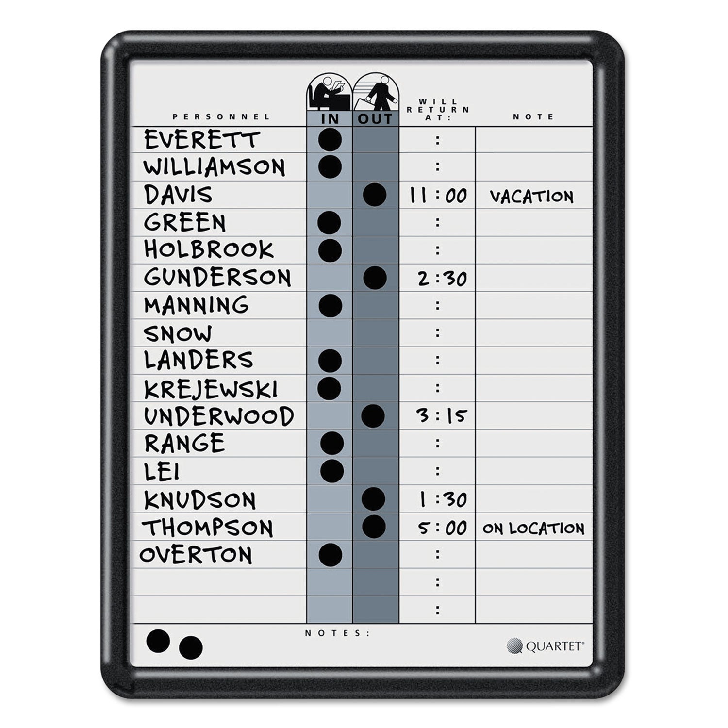 Employee In/Out Board, 11 x 14, Porcelain White/Gray Surface, Black Plastic Frame - 