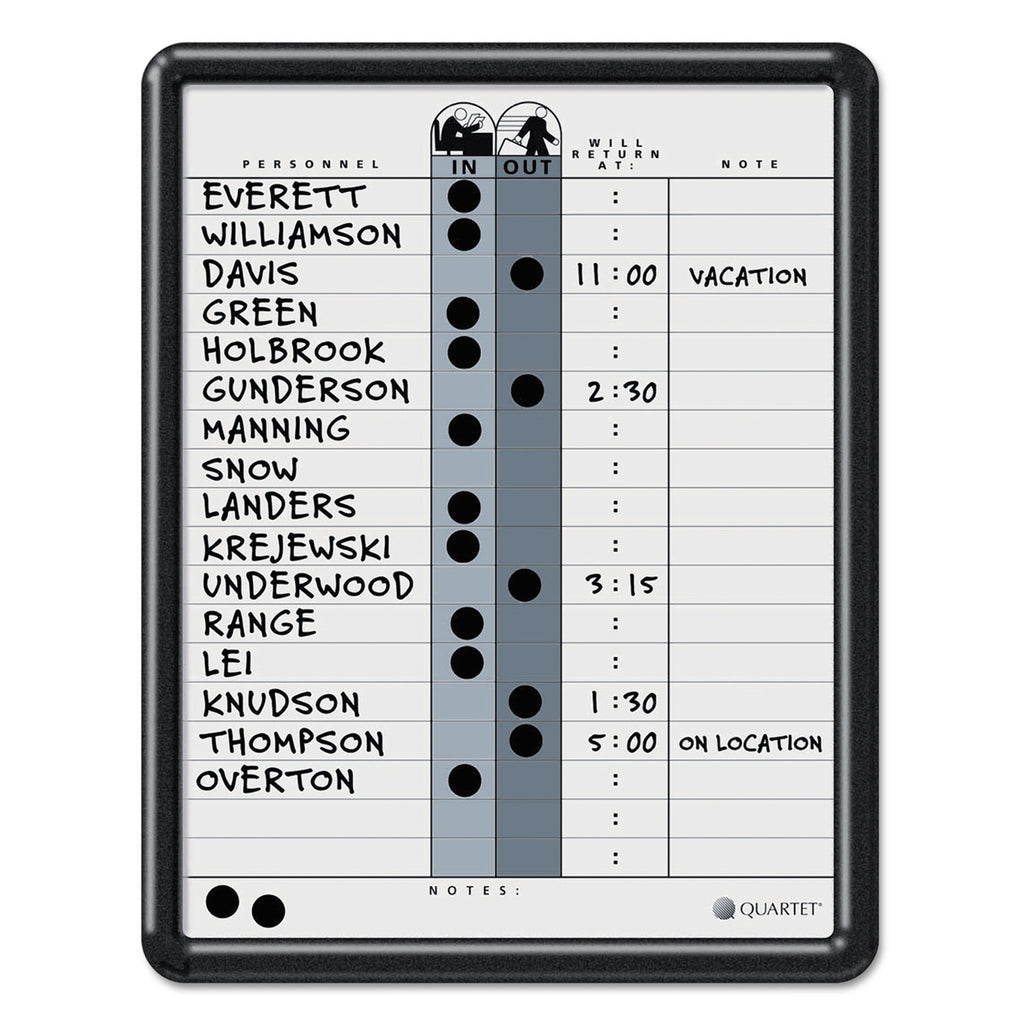 Employee In/Out Board, 11 x 14, Porcelain White/Gray Surface, Black Plastic Frame